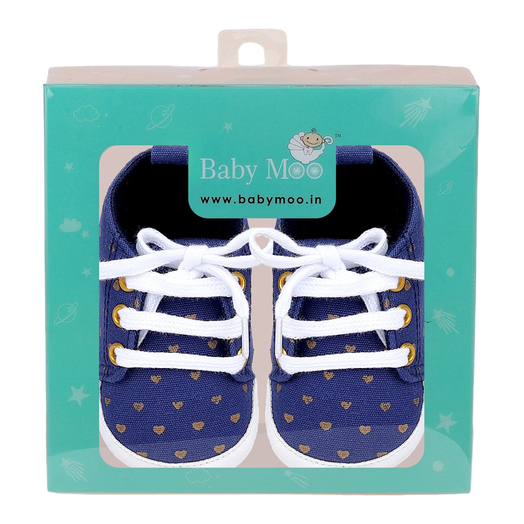 Baby Moo Heart Print Lace-Up Anti-Skid Sneakers - Navy Blue