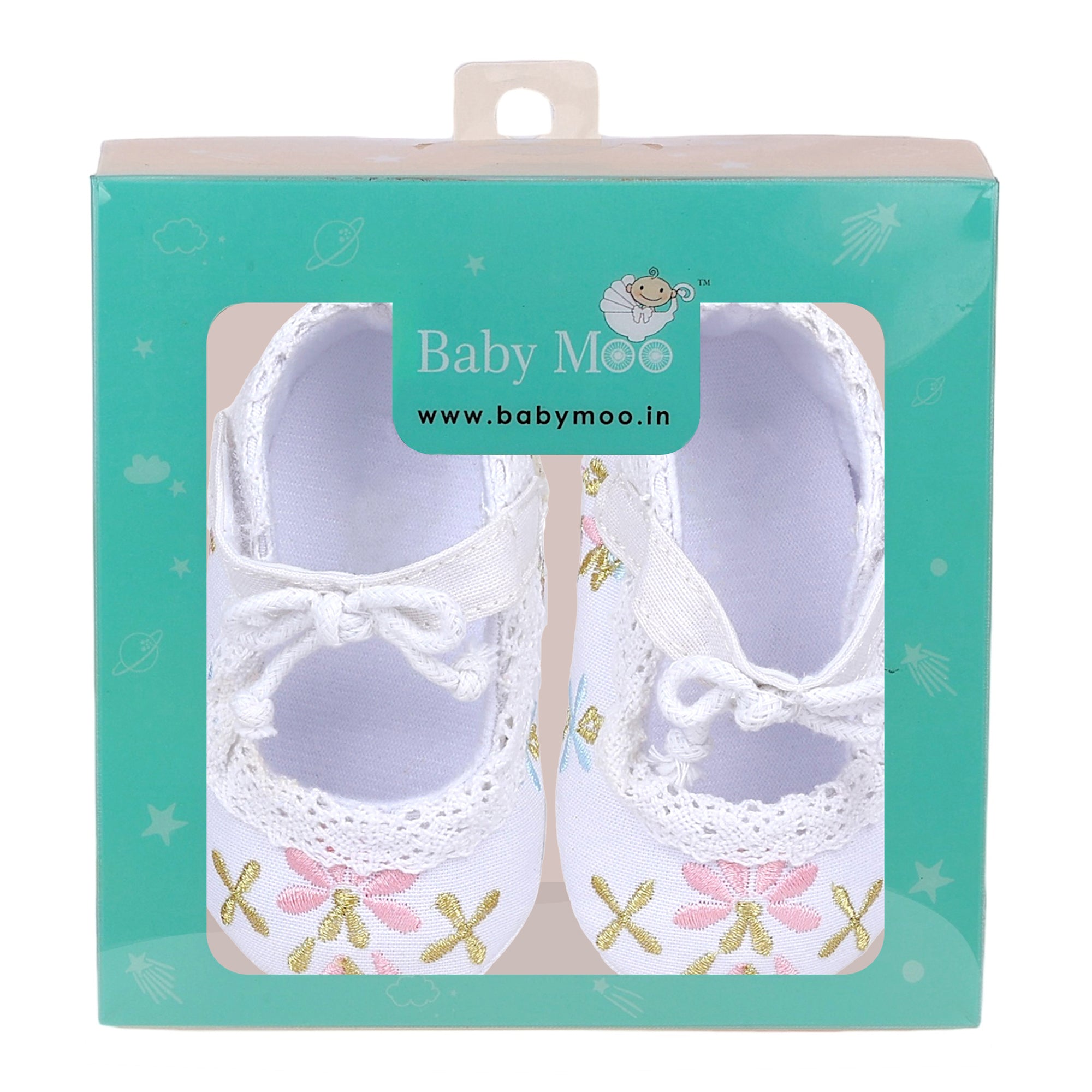 Baby Moo Fancy Floral Embroidered Velcro Straps Anti-Skid Booties - White