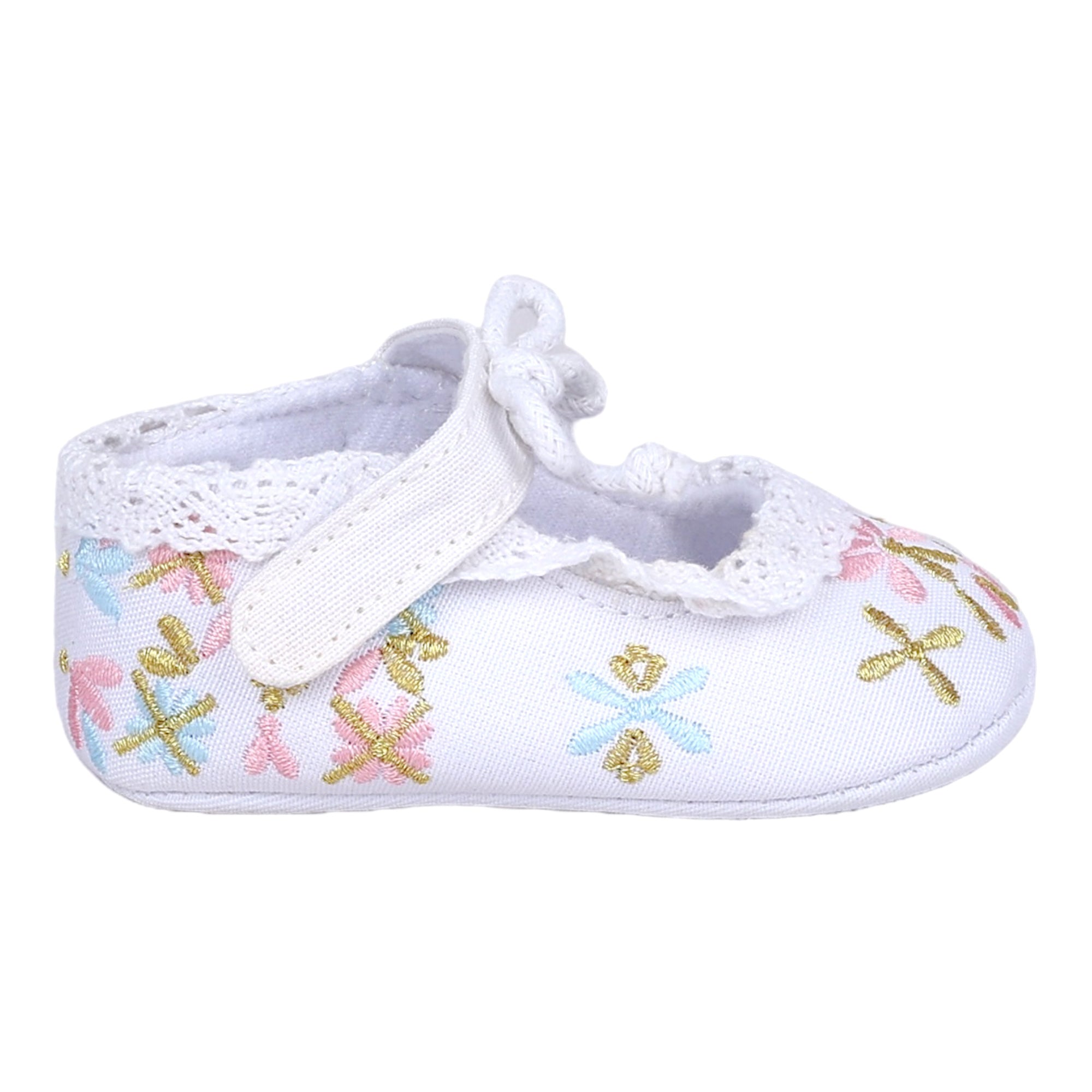 Baby Moo Fancy Floral Embroidered Velcro Straps Anti-Skid Booties - White