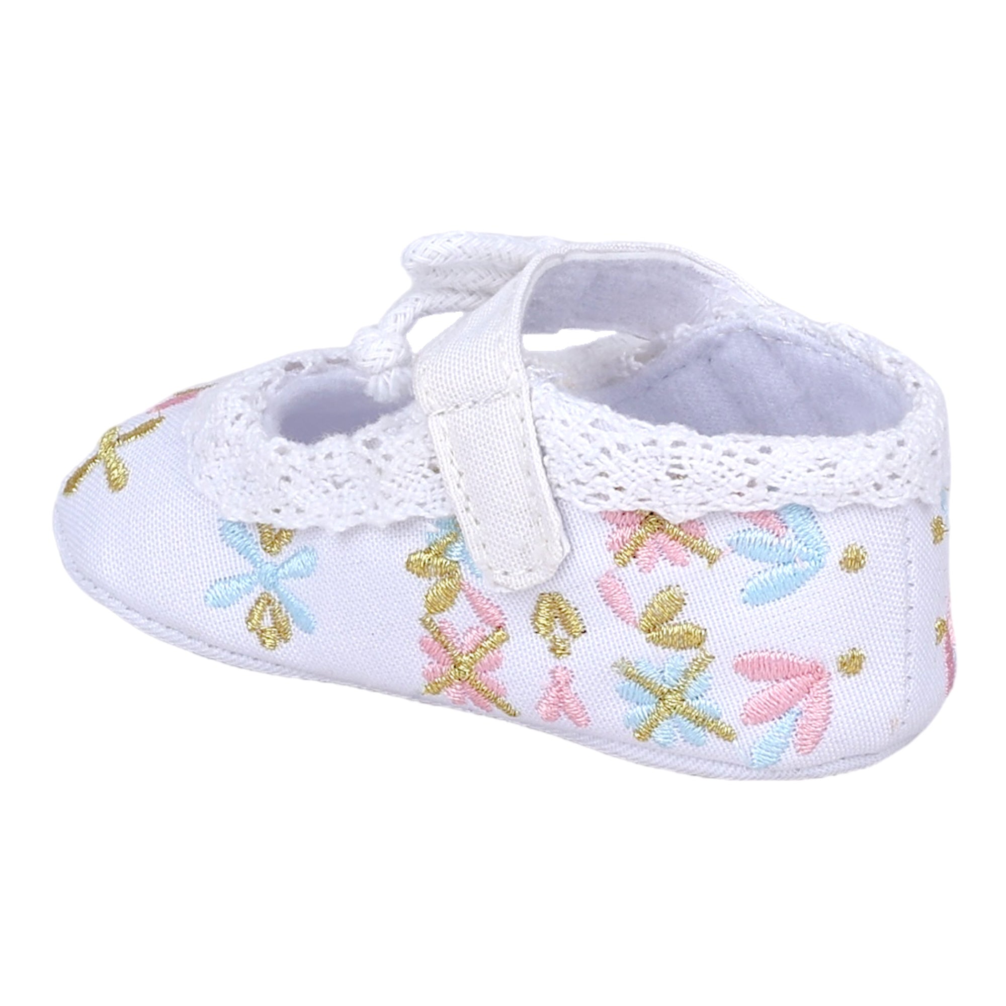 Baby Moo Fancy Floral Embroidered Velcro Straps Anti-Skid Booties - White