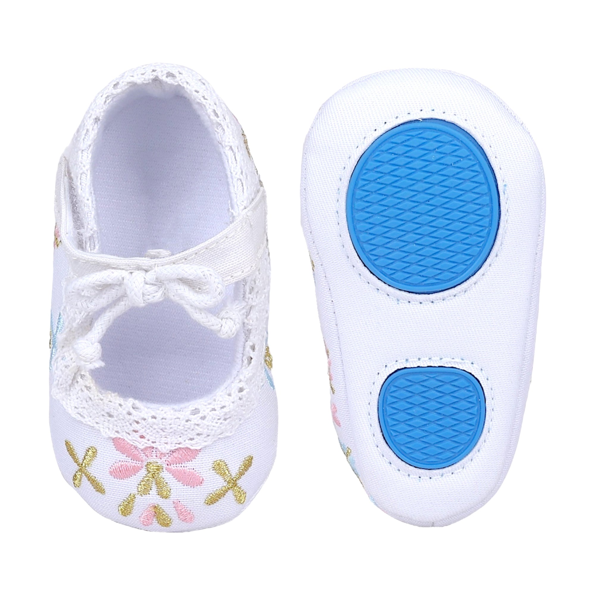 Baby Moo Fancy Floral Embroidered Velcro Straps Anti-Skid Booties - White