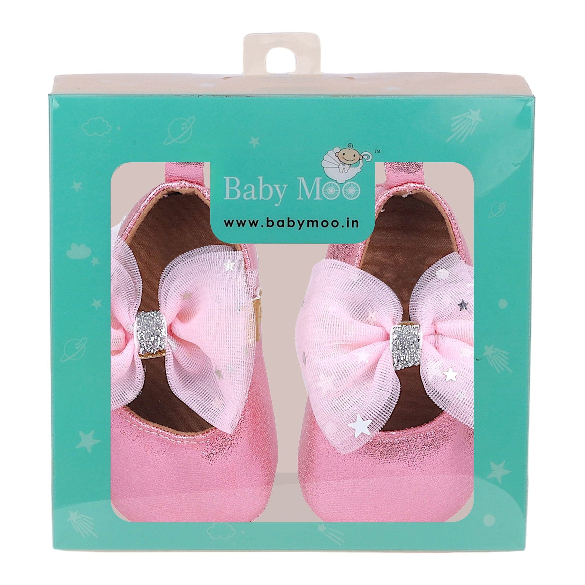 Baby Moo Starry Bow Partywear Anti-Skid Ballerina Booties - Pink