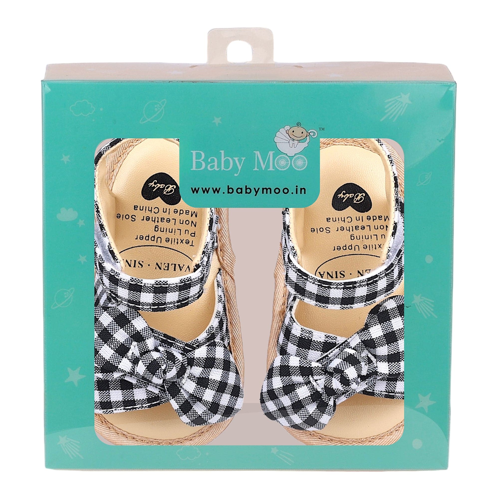Baby Moo Checks Bow Knot Velcro Strap Anti-Skid Open Toe Sandals - Black