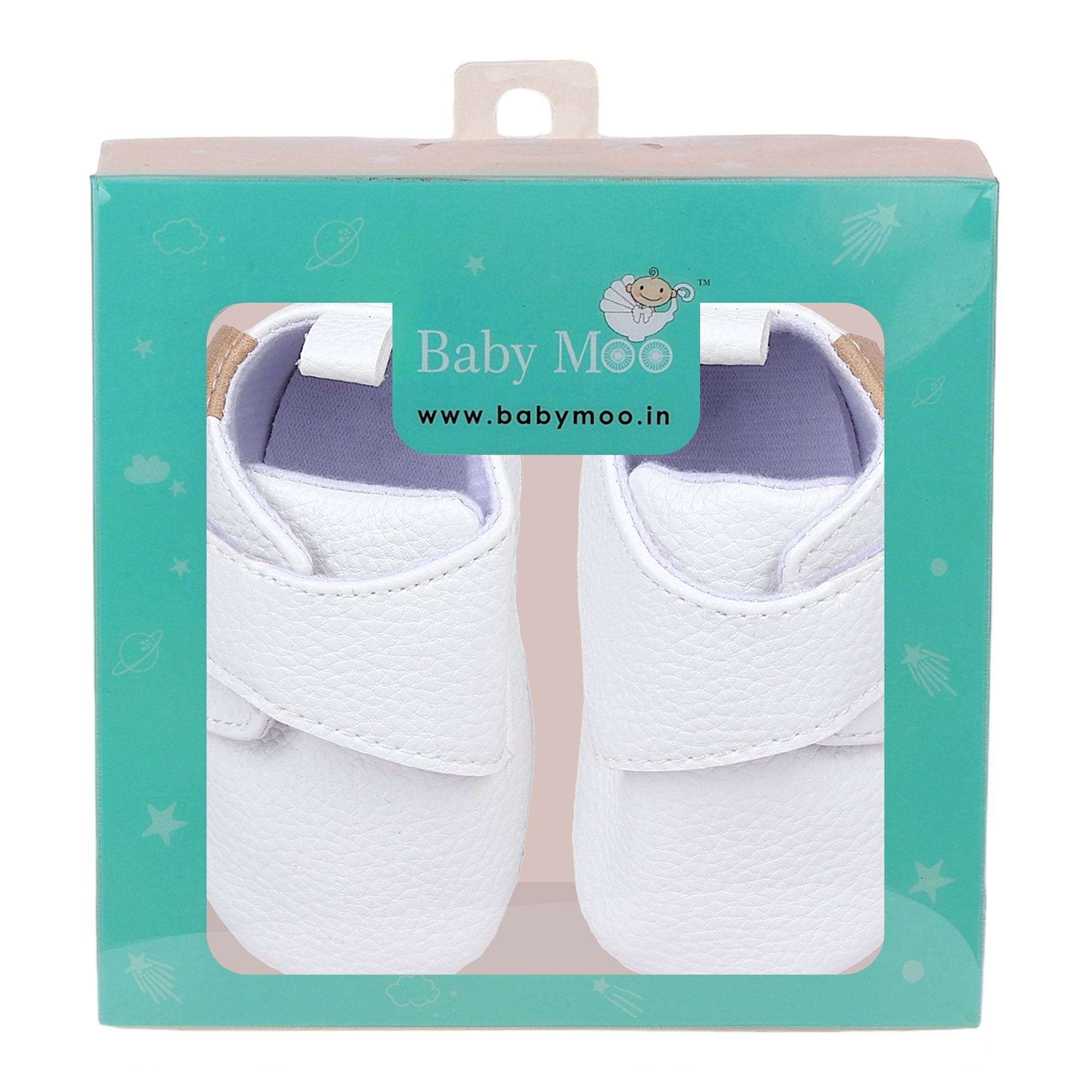 Baby Moo Stylish Vegan Leather Velcro Straps Anti-Skid Booties - White