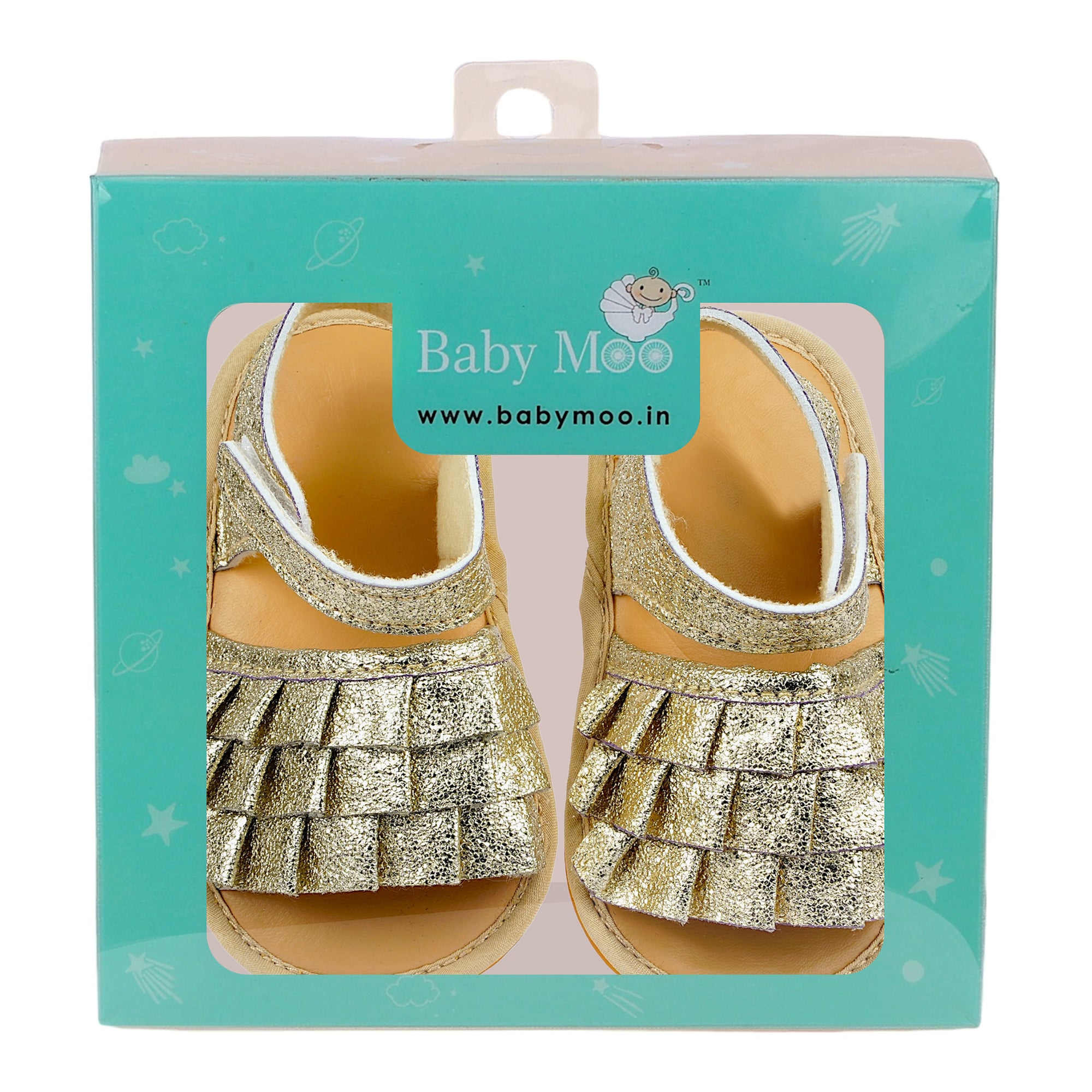 Baby Moo Frilly Glitter Partywear Velcro Straps Anti-Skid Sandals - Gold