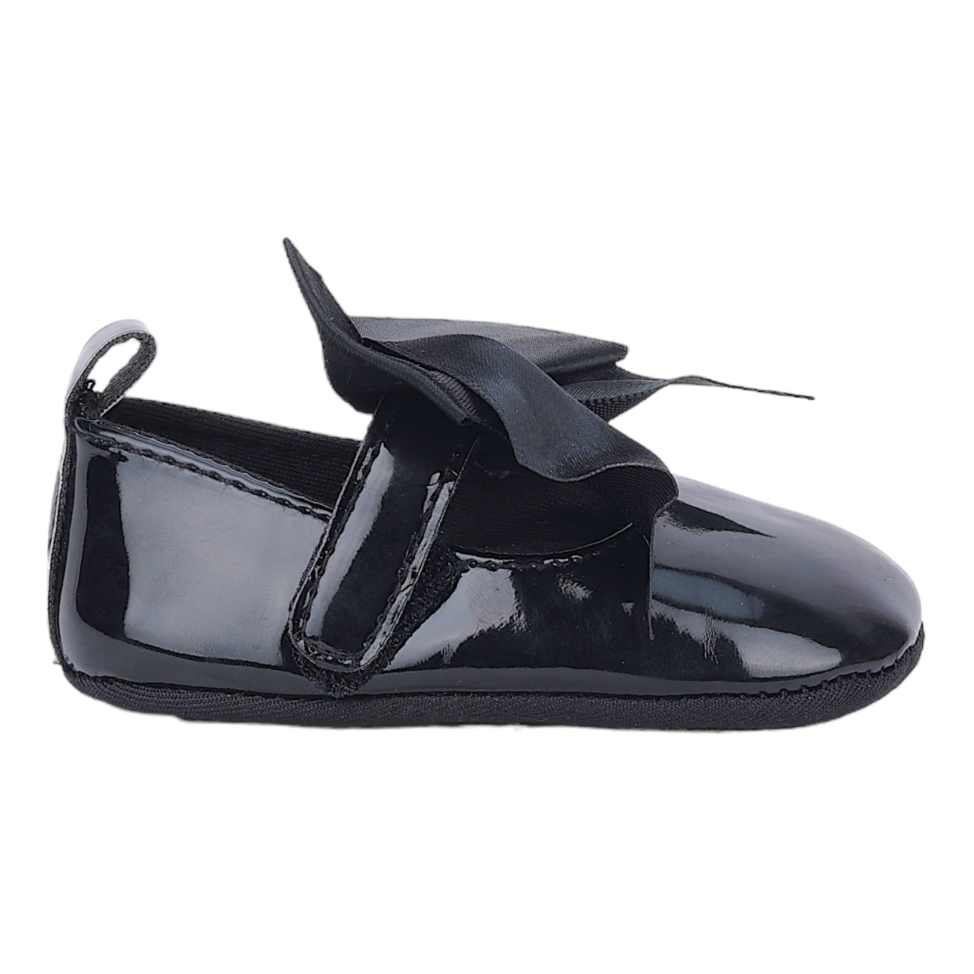 Baby Moo Partywear Patent Leather Big Bow Anti-Skid Ballerina Booties - Black