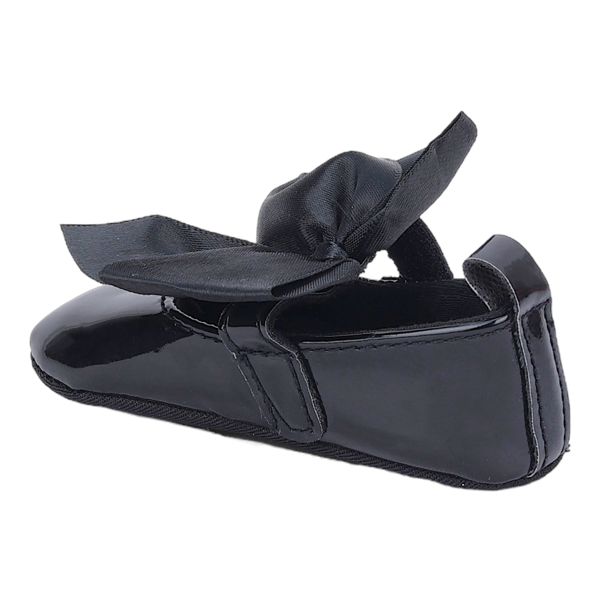 Baby Moo Partywear Patent Leather Big Bow Anti-Skid Ballerina Booties - Black