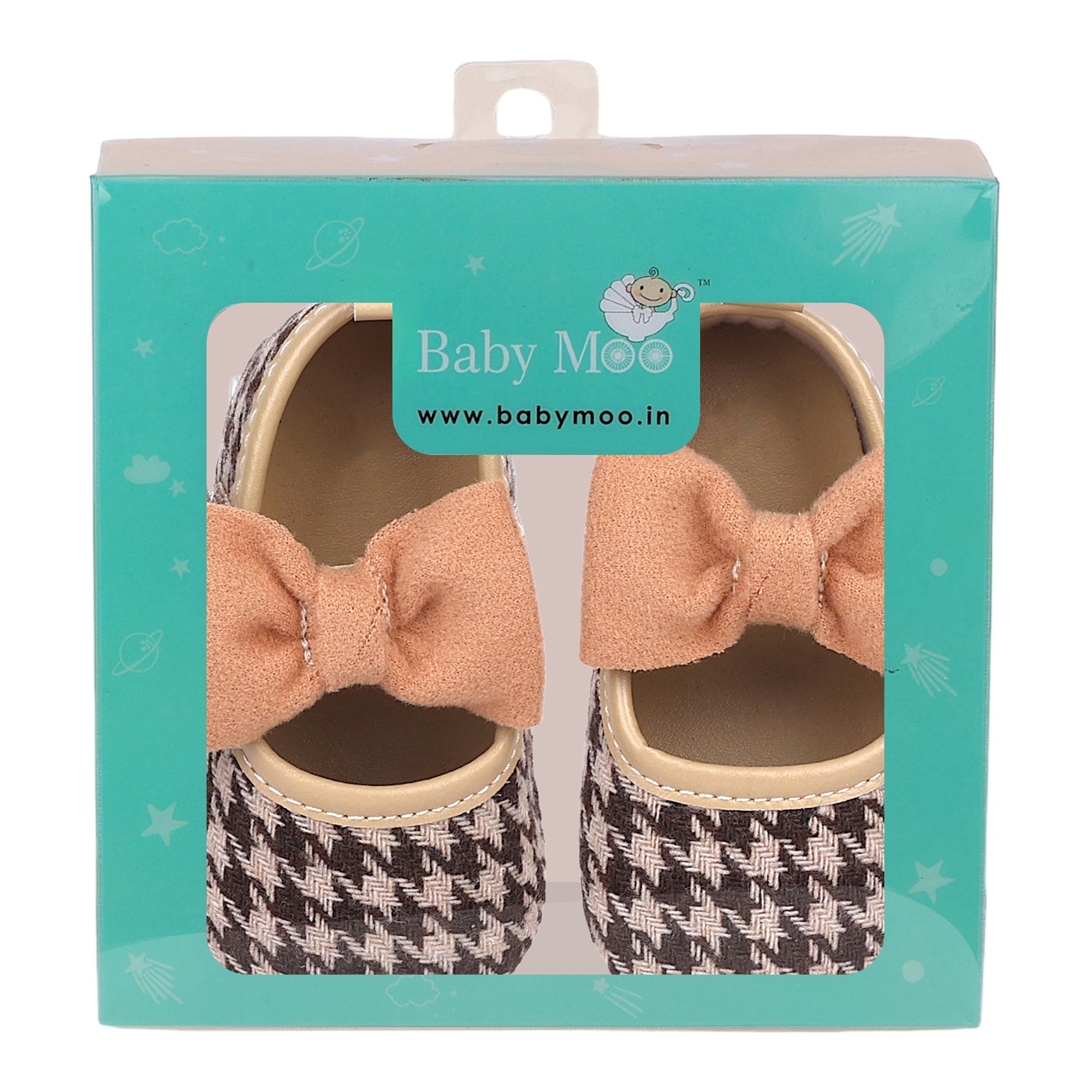 Baby Moo Houndstooth Print with Bow Velcro Strap Anti-Skid Ballerina Booties - Brown