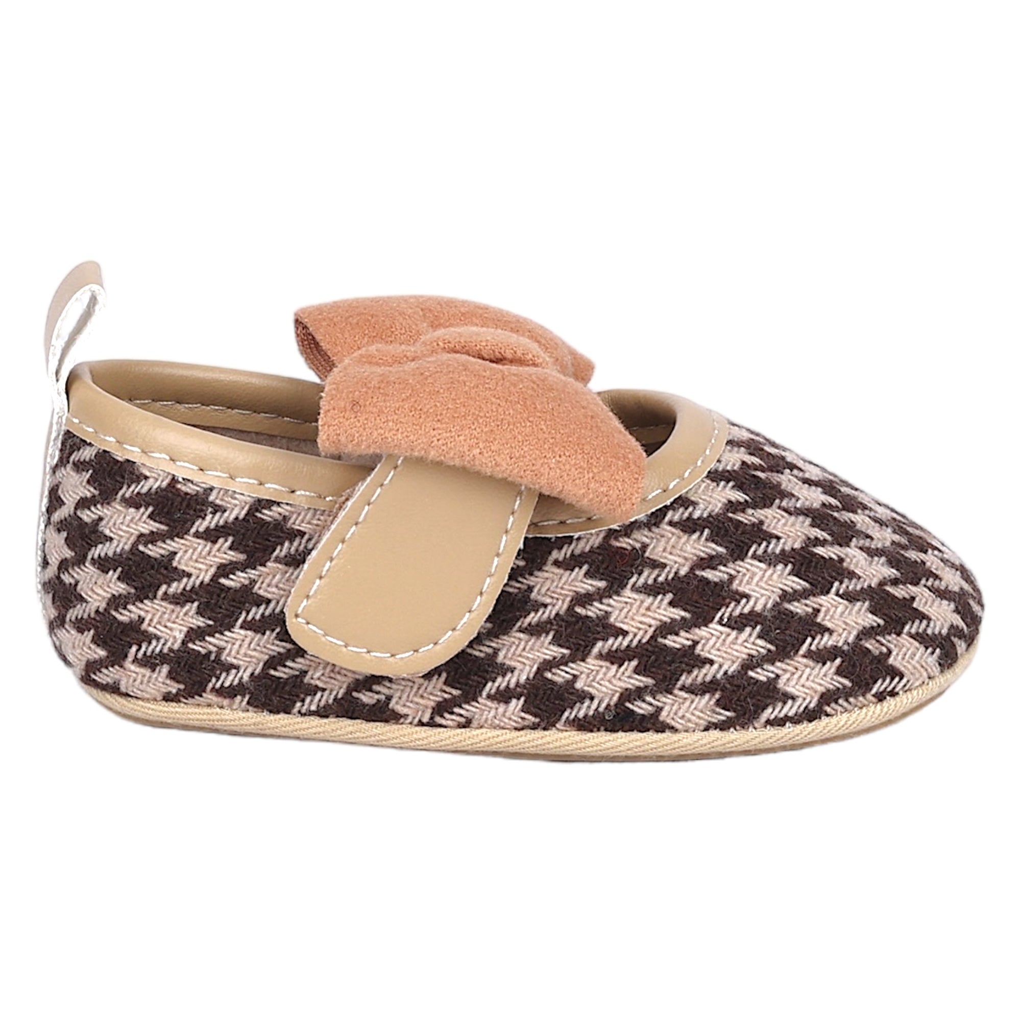 Baby Moo Houndstooth Print with Bow Velcro Strap Anti-Skid Ballerina Booties - Brown