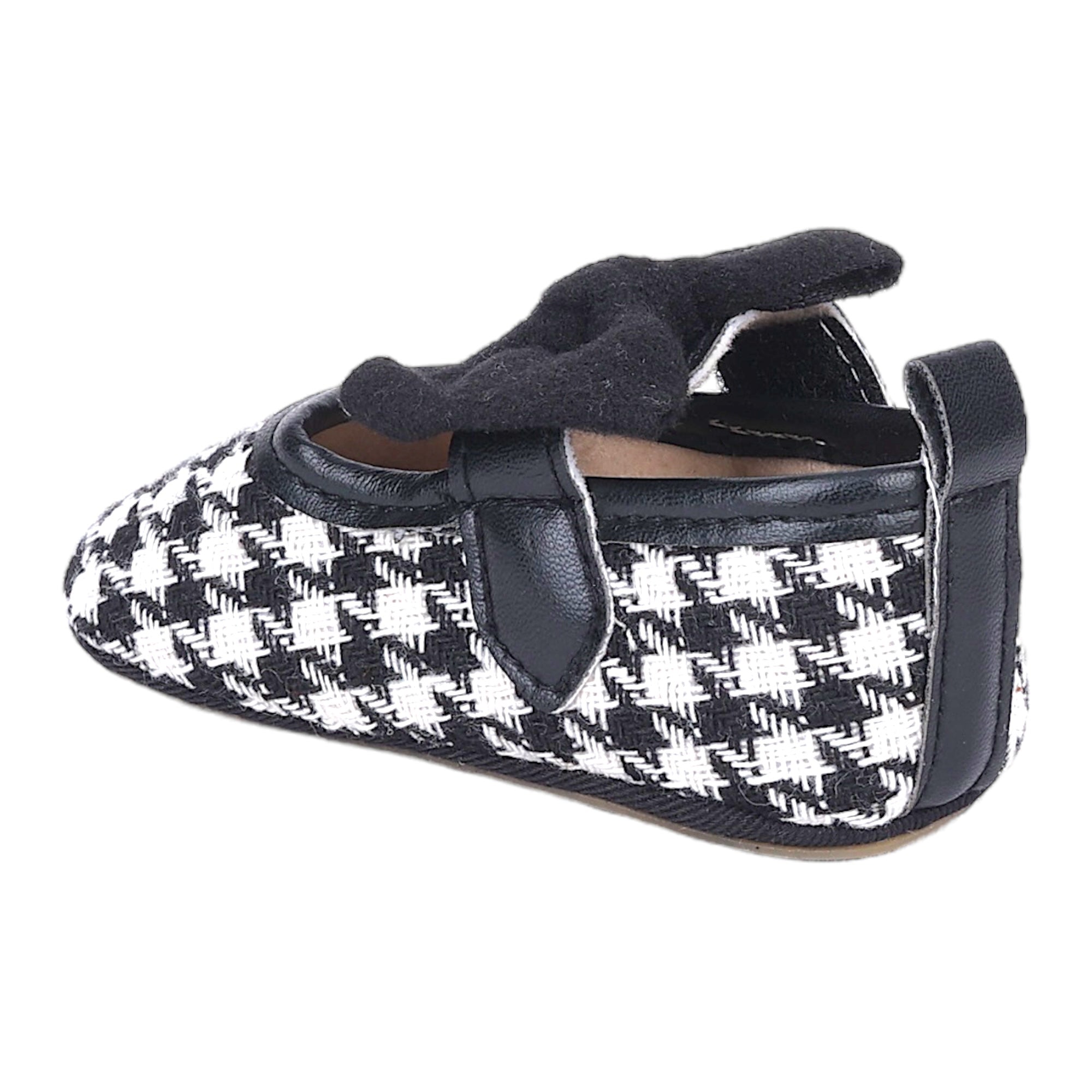 Baby Moo Houndstooth Print with Bow Velcro Strap Ballerina Booties - Black