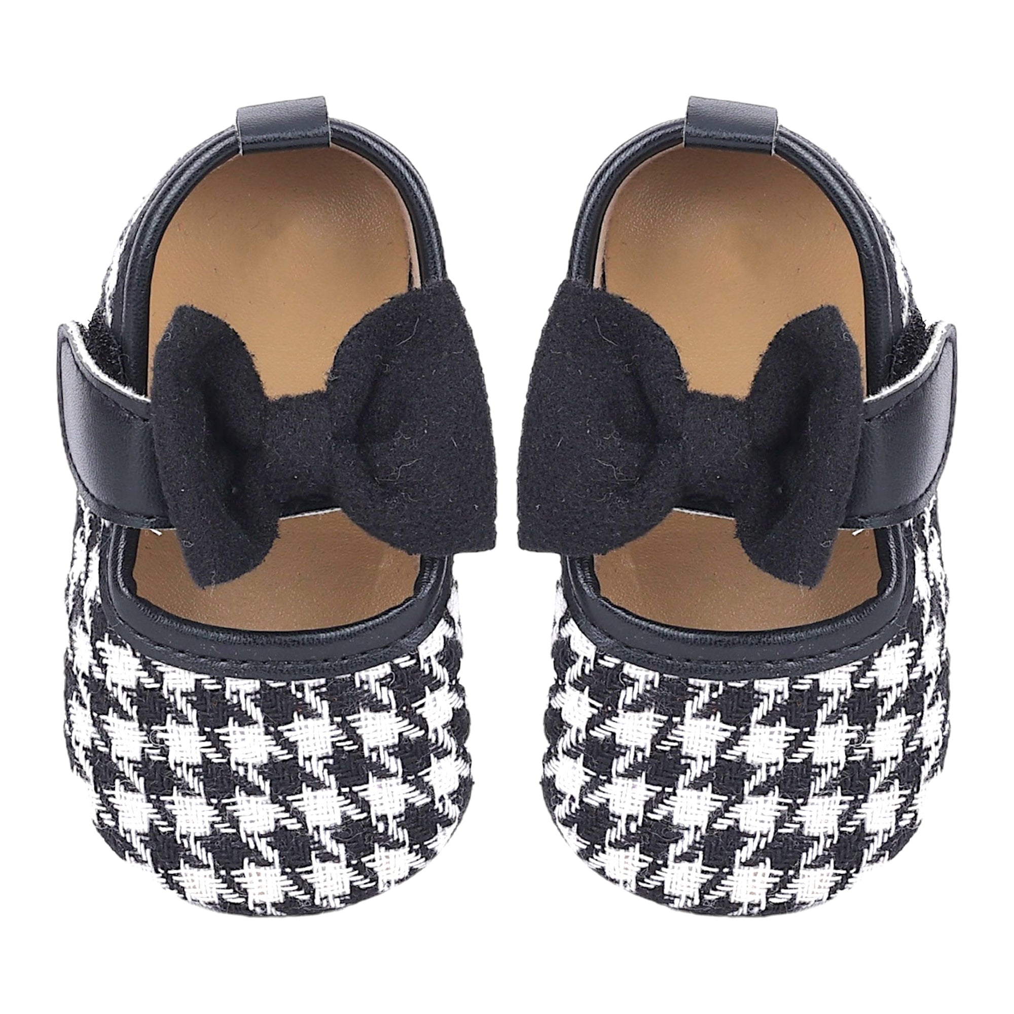 Baby Moo Houndstooth Print with Bow Velcro Strap Ballerina Booties - Black