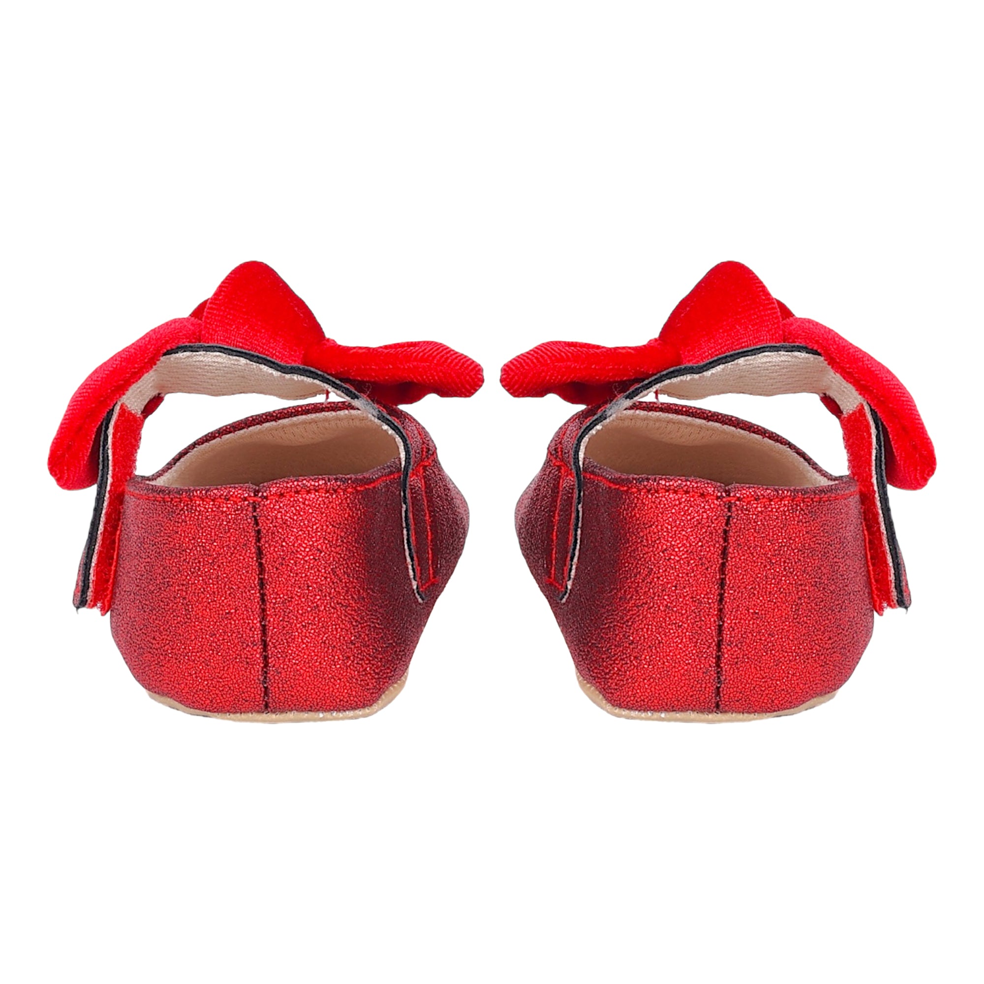Baby Moo Sequin Heart Bow Velcro Strap Anti-Skid Ballerina Booties - Red
