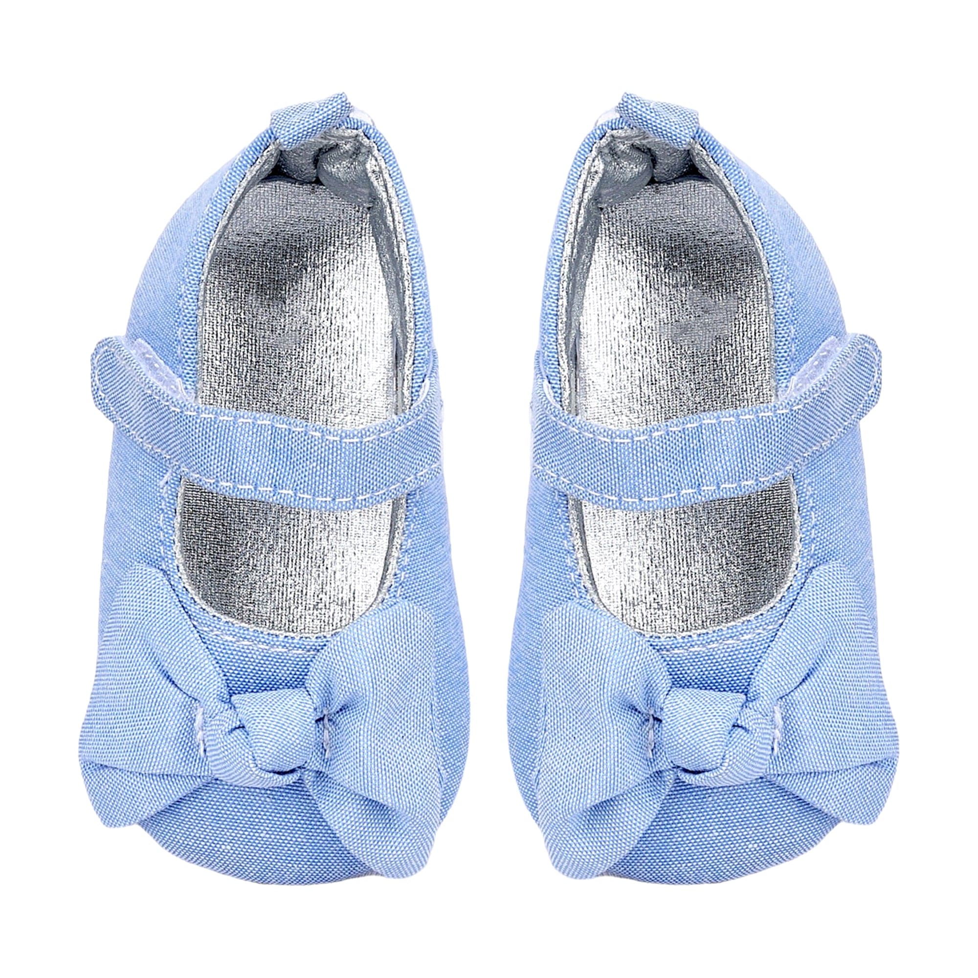 Baby Moo Pretty Bow Knot Velcro Strap Anti-Skid Ballerina Booties - Blue