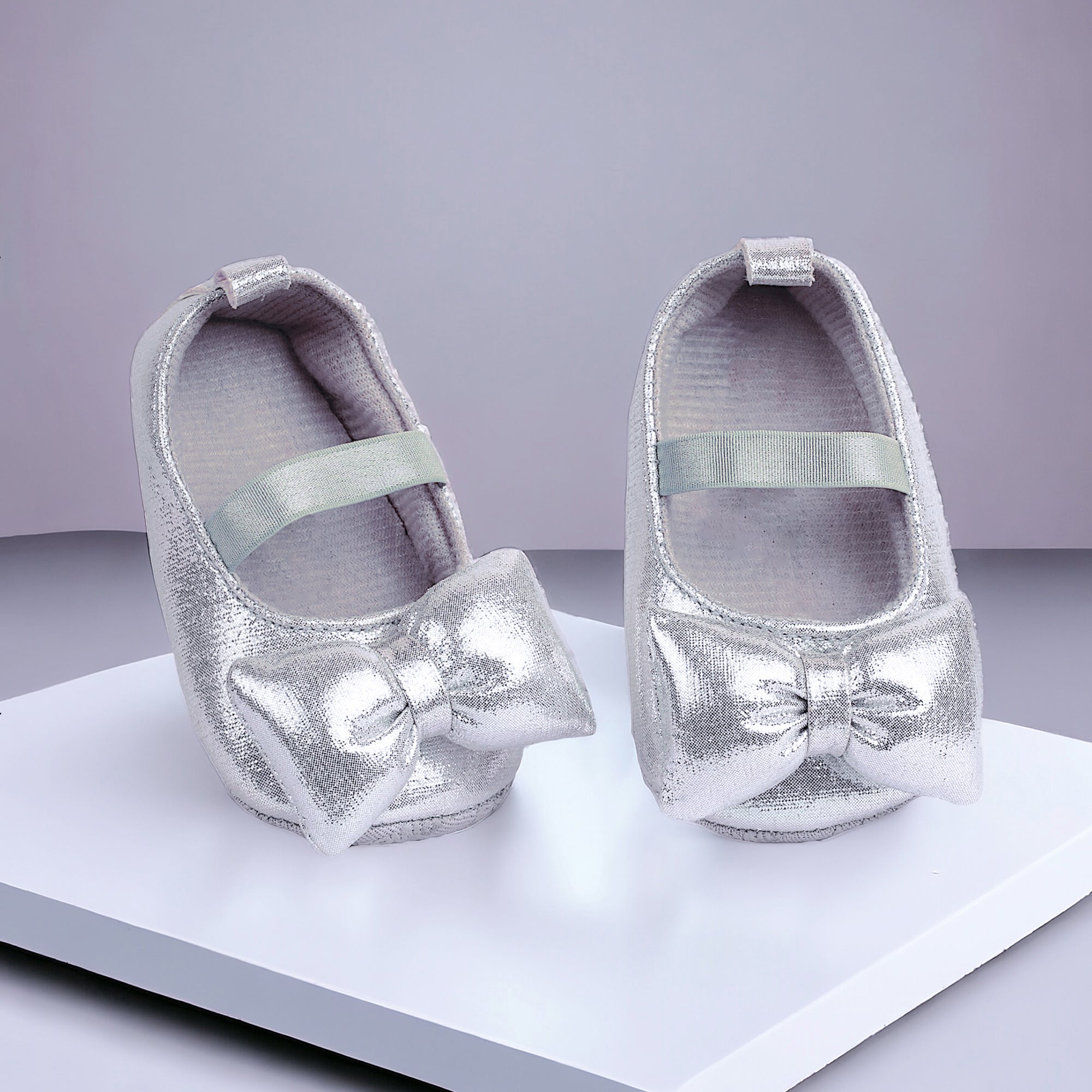Baby Moo Partywear Shiny Bow Elastic Strap Anti-Skid Ballerina Booties - Silver