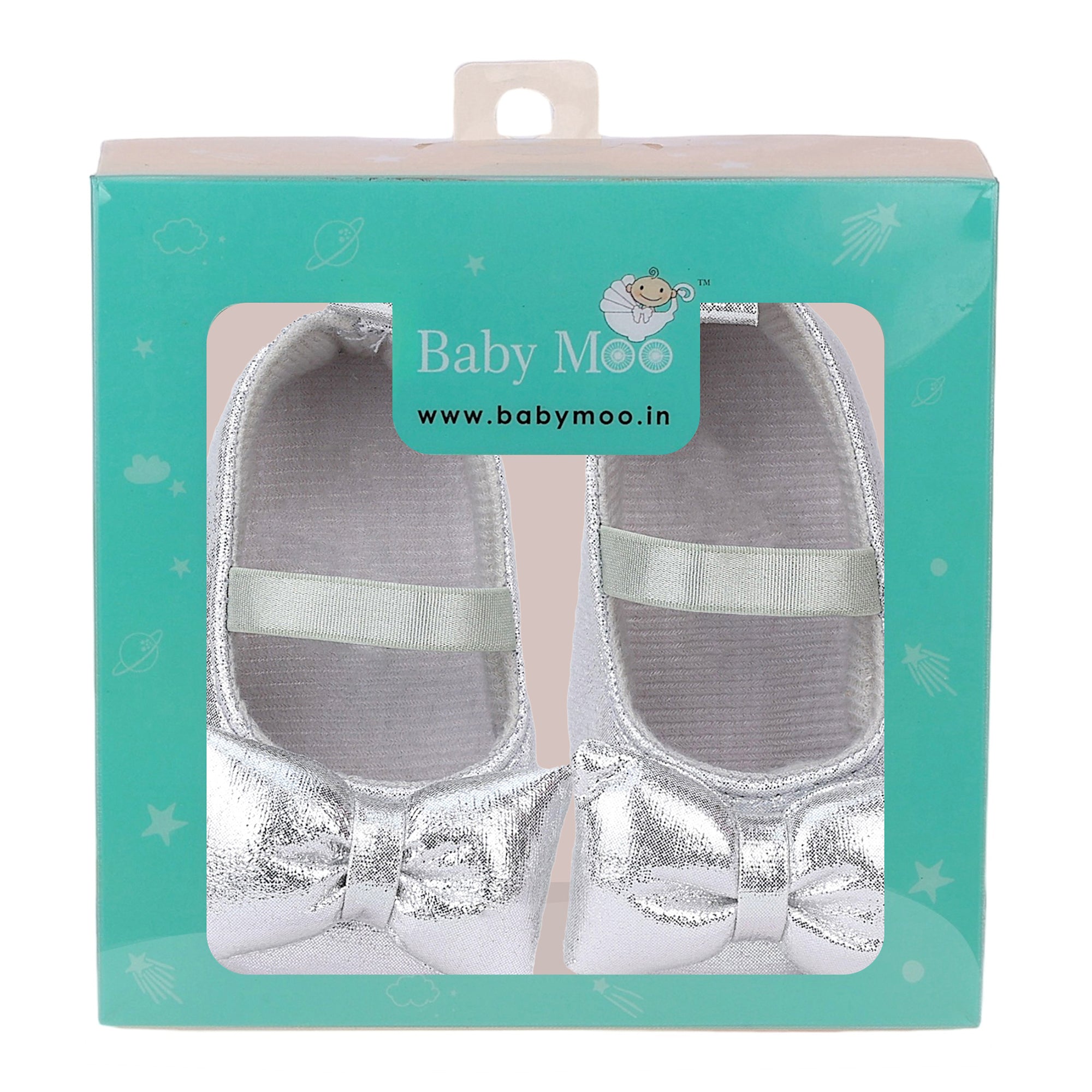 Baby Moo Partywear Shiny Bow Elastic Strap Anti-Skid Ballerina Booties - Silver