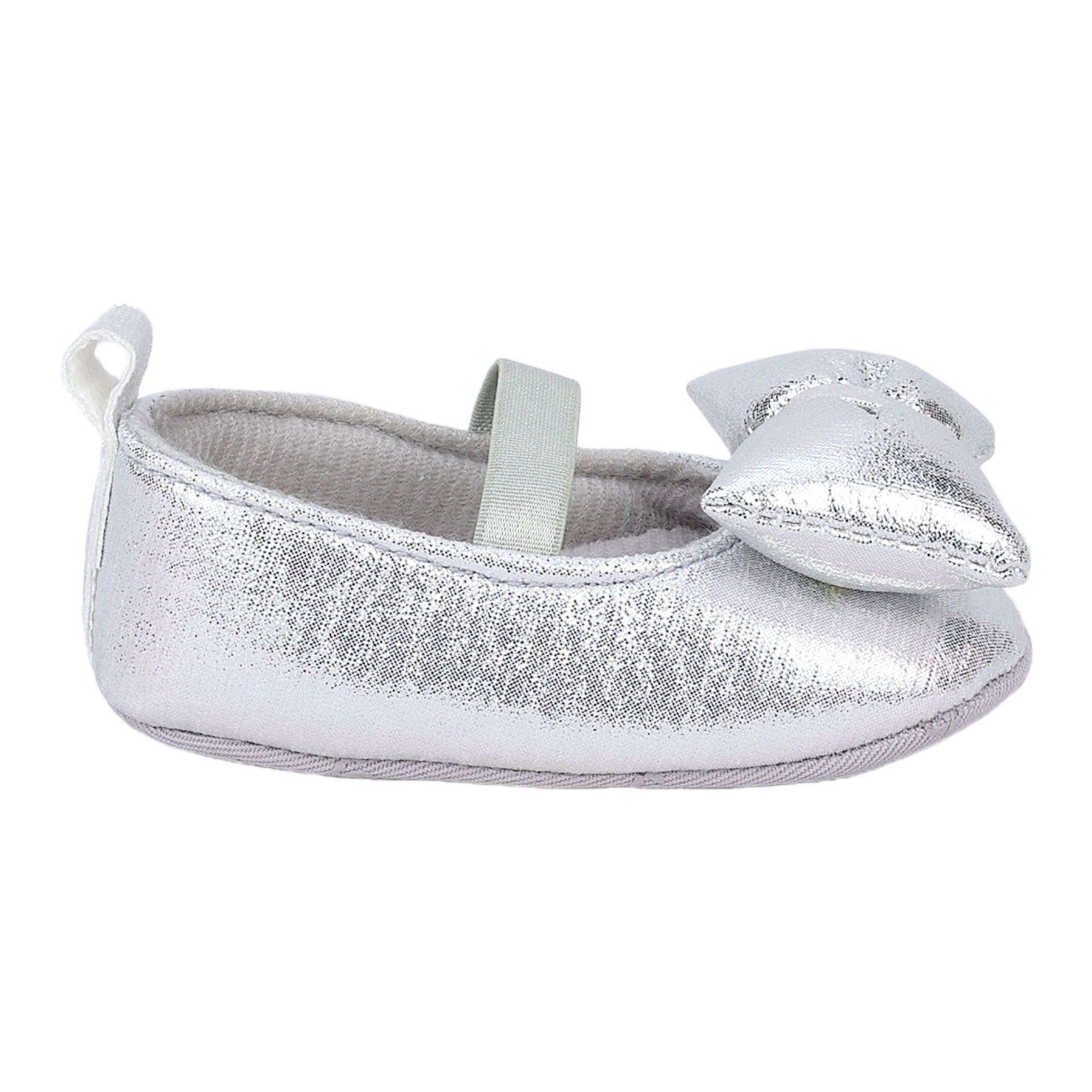 Baby Moo Partywear Shiny Bow Elastic Strap Anti-Skid Ballerina Booties - Silver