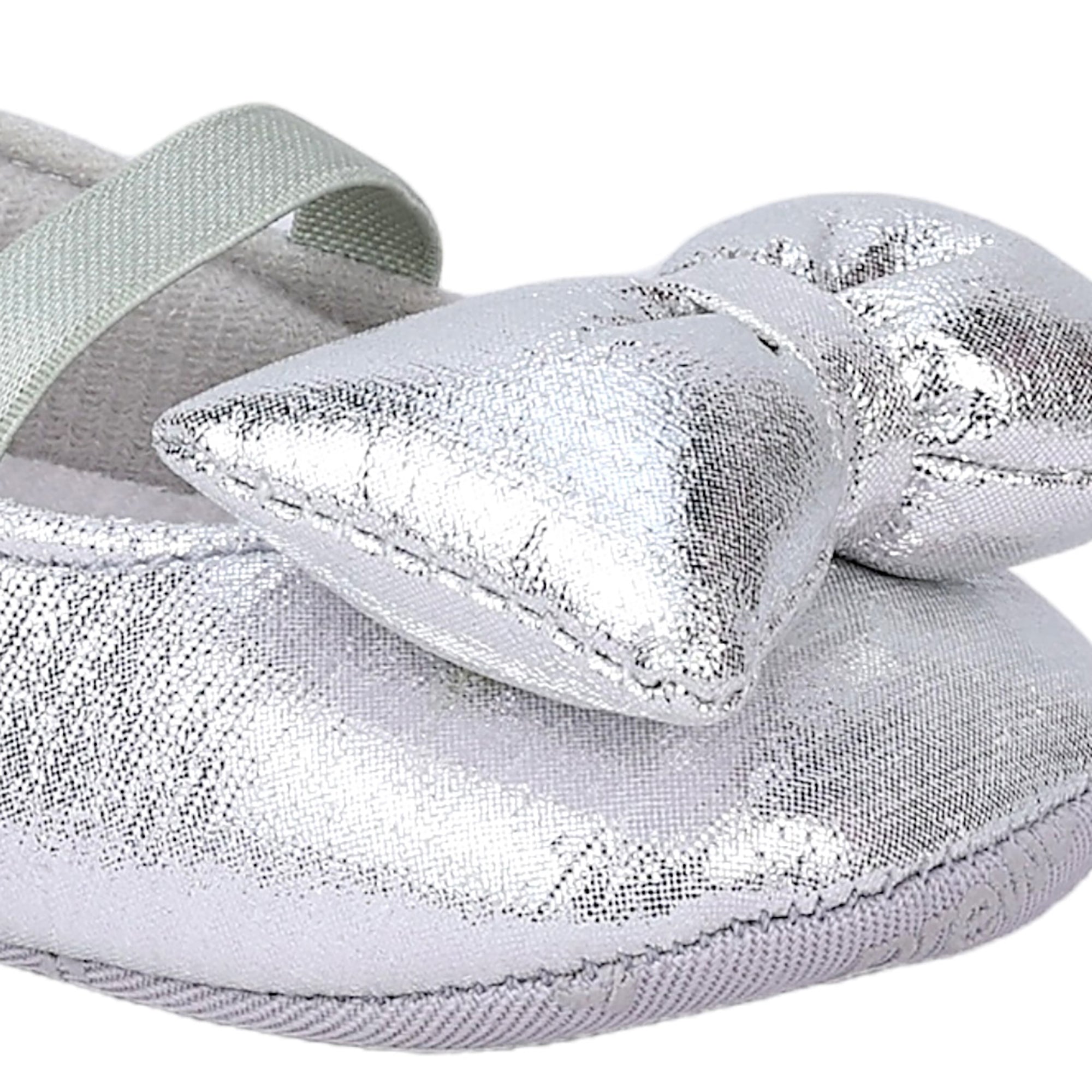 Baby Moo Partywear Shiny Bow Elastic Strap Anti-Skid Ballerina Booties - Silver
