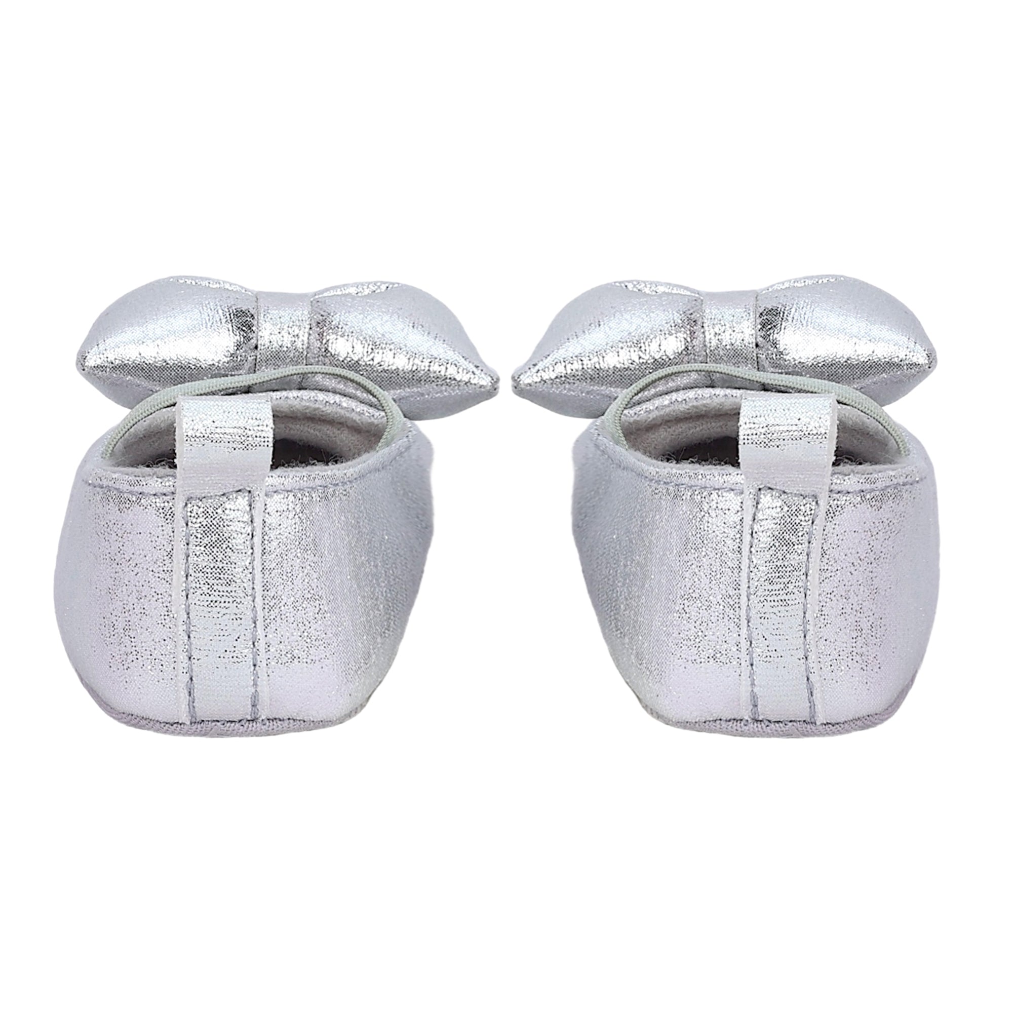 Baby Moo Partywear Shiny Bow Elastic Strap Anti-Skid Ballerina Booties - Silver
