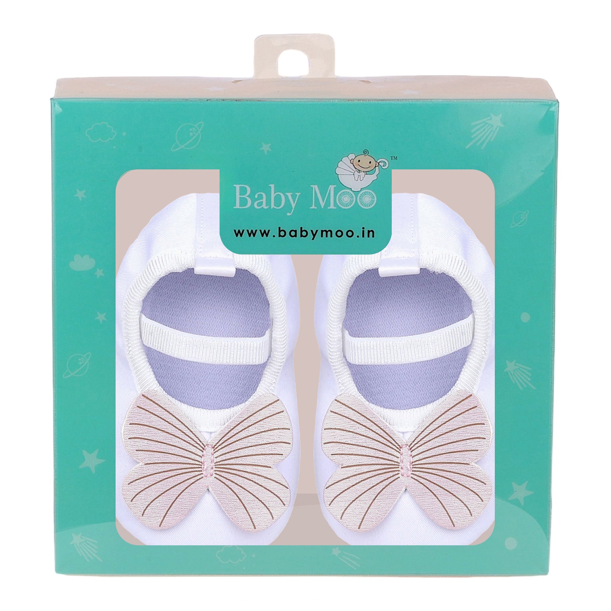 Baby Moo Butterfly Applique Elastic Strap Anti-Skid Ballerina Booties - White