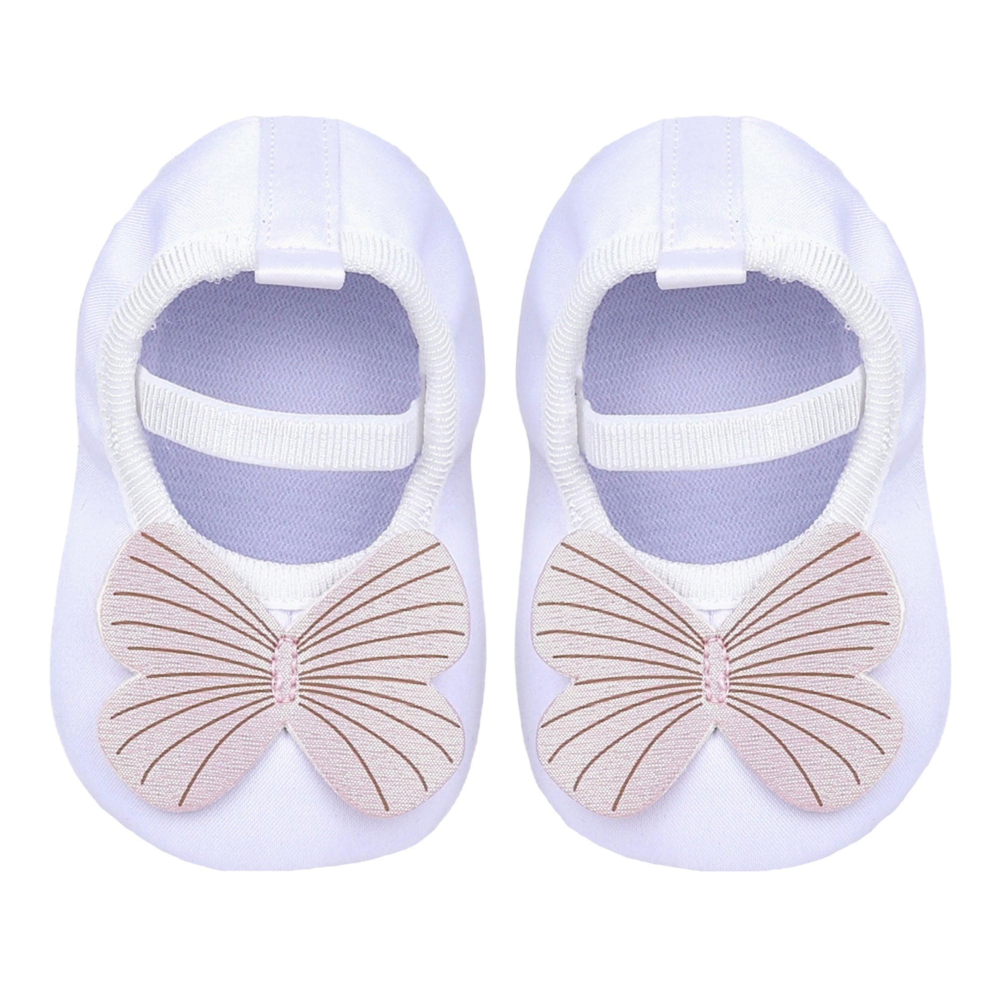 Baby Moo Butterfly Applique Elastic Strap Anti-Skid Ballerina Booties - White