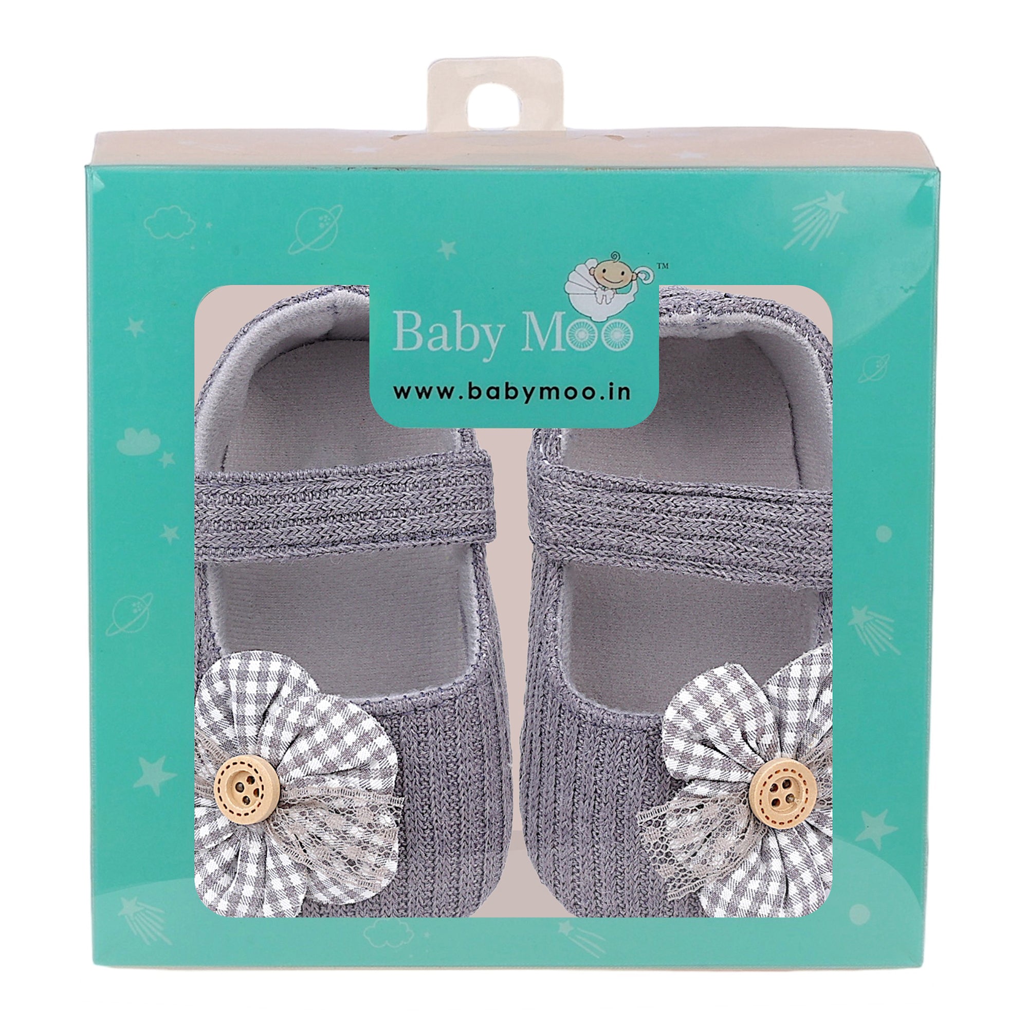 Baby Moo Flower Button Velcro Strap Ribbed Anti-Skid Ballerina Booties - Grey