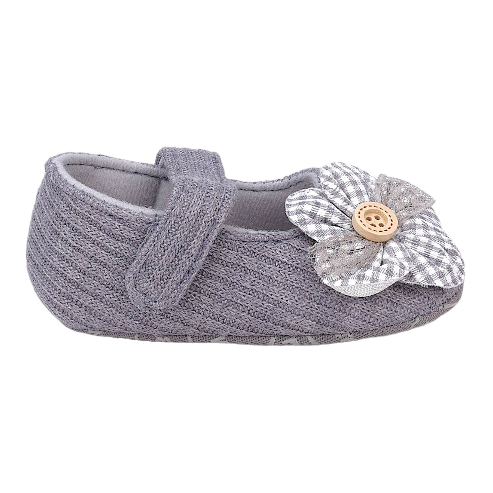 Baby Moo Flower Button Velcro Strap Ribbed Anti-Skid Ballerina Booties - Grey