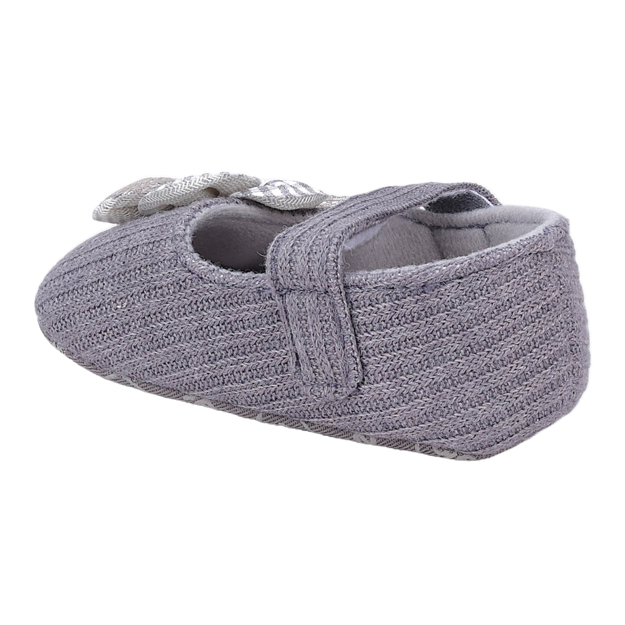 Baby Moo Flower Button Velcro Strap Ribbed Anti-Skid Ballerina Booties - Grey