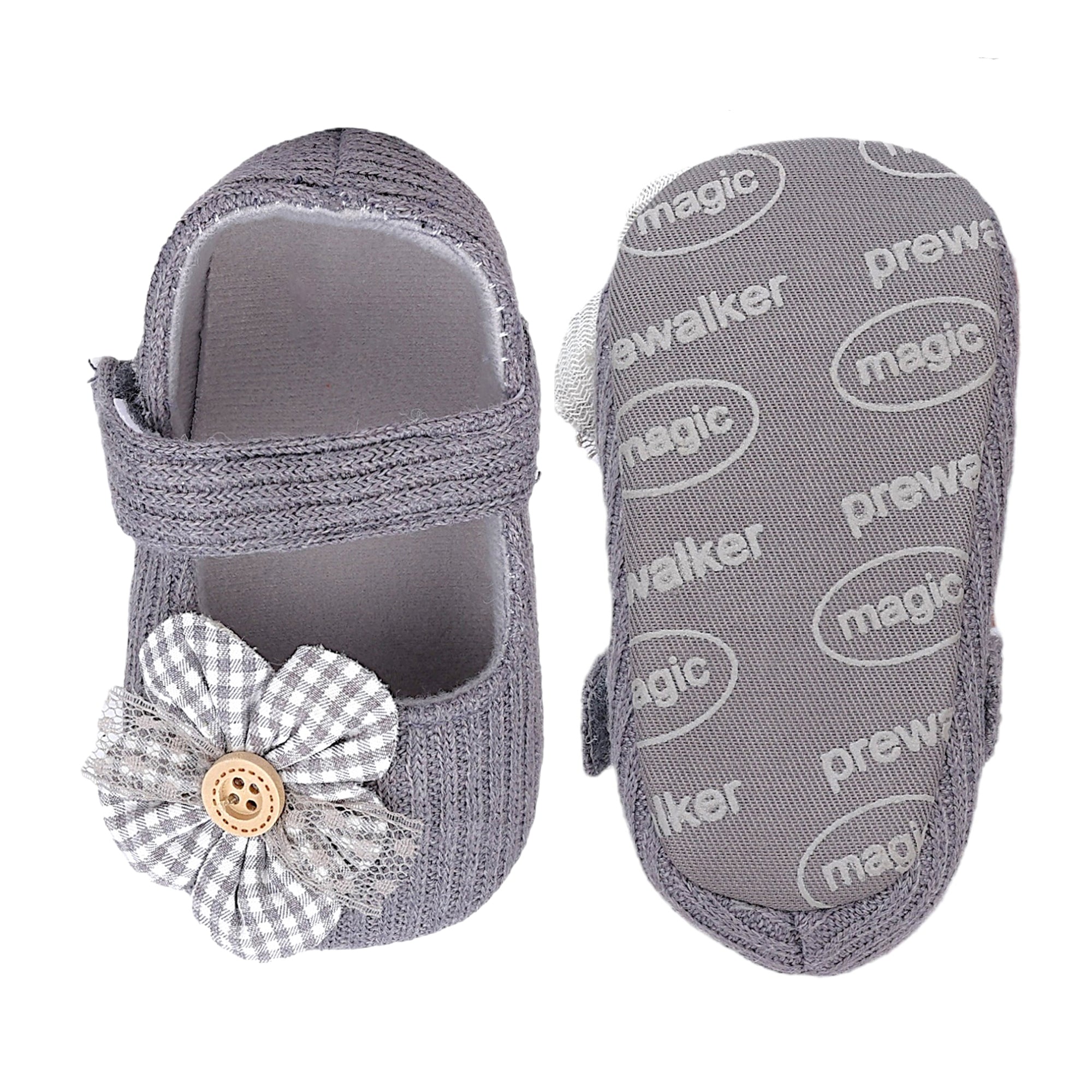 Baby Moo Flower Button Velcro Strap Ribbed Anti-Skid Ballerina Booties - Grey