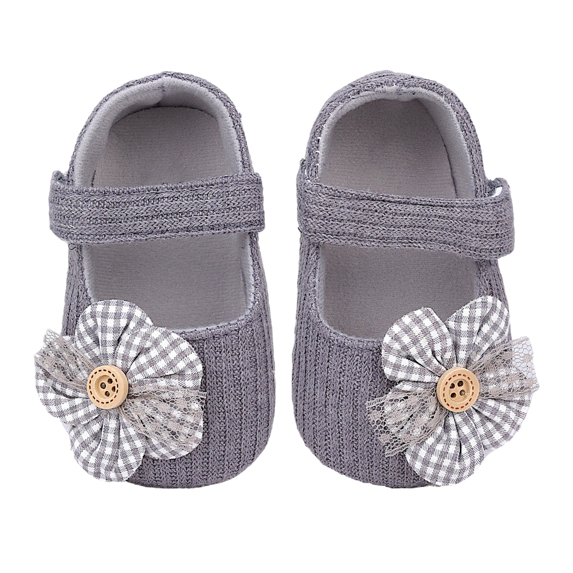 Baby Moo Flower Button Velcro Strap Ribbed Anti-Skid Ballerina Booties - Grey