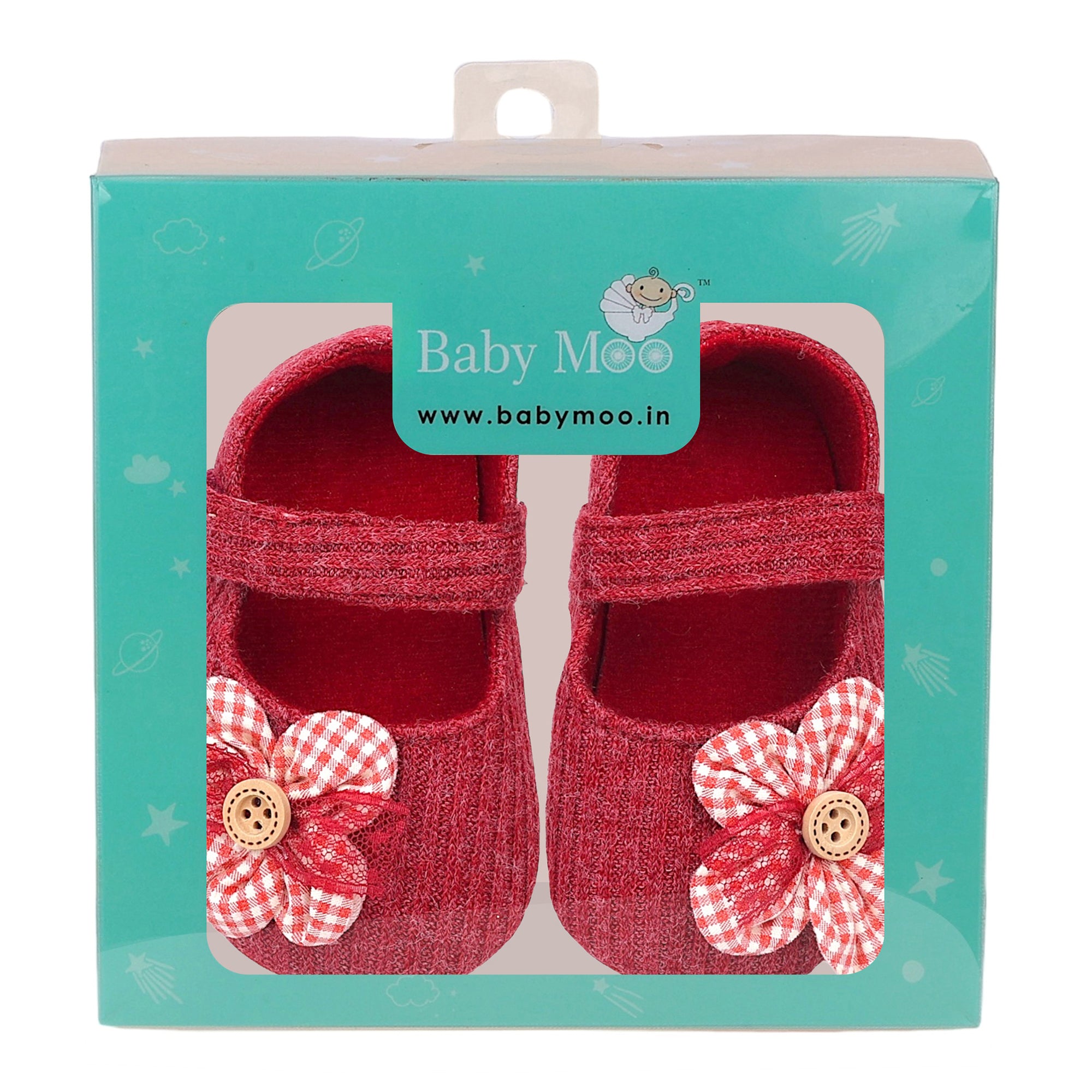 Baby Moo Flower Button Velcro Strap Ribbed Anti-Skid Ballerina Booties - Red