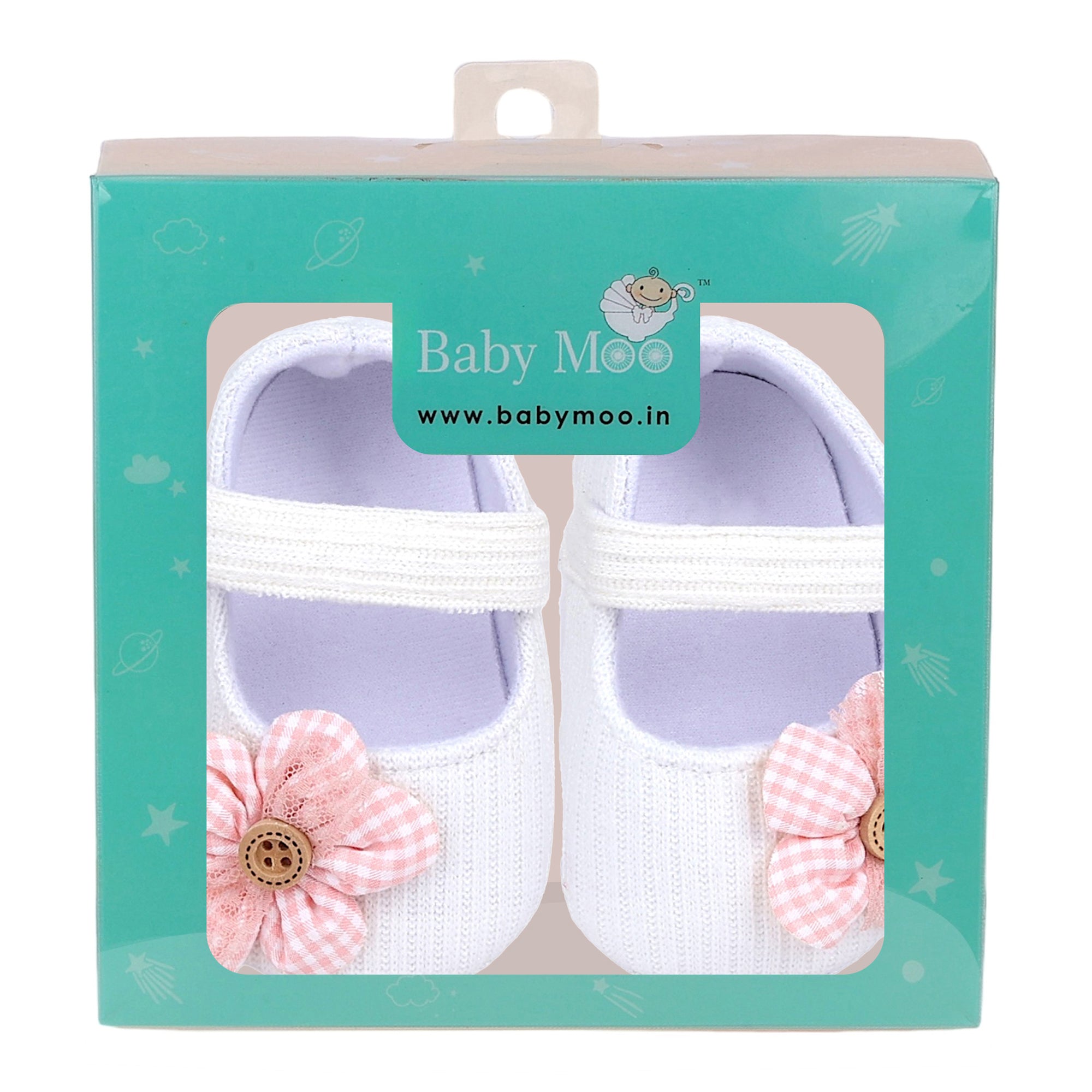 Baby Moo Flower Button Velcro Strap Ribbed Anti-Skid Ballerina Booties - White