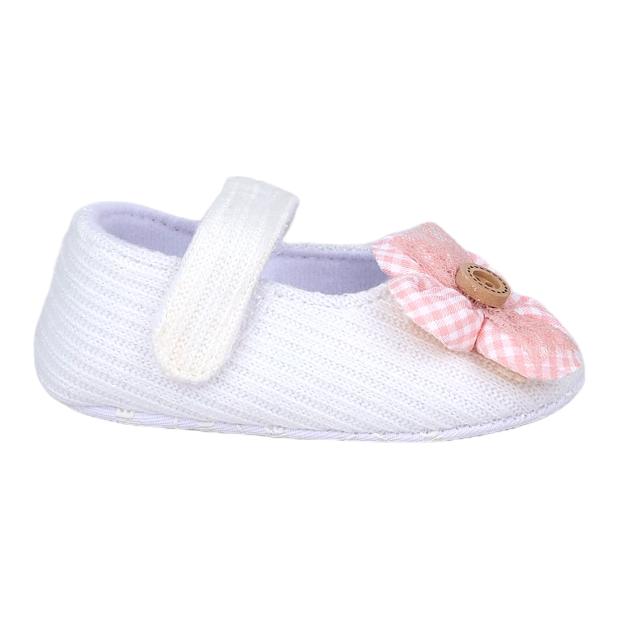 Baby Moo Flower Button Velcro Strap Ribbed Anti-Skid Ballerina Booties - White