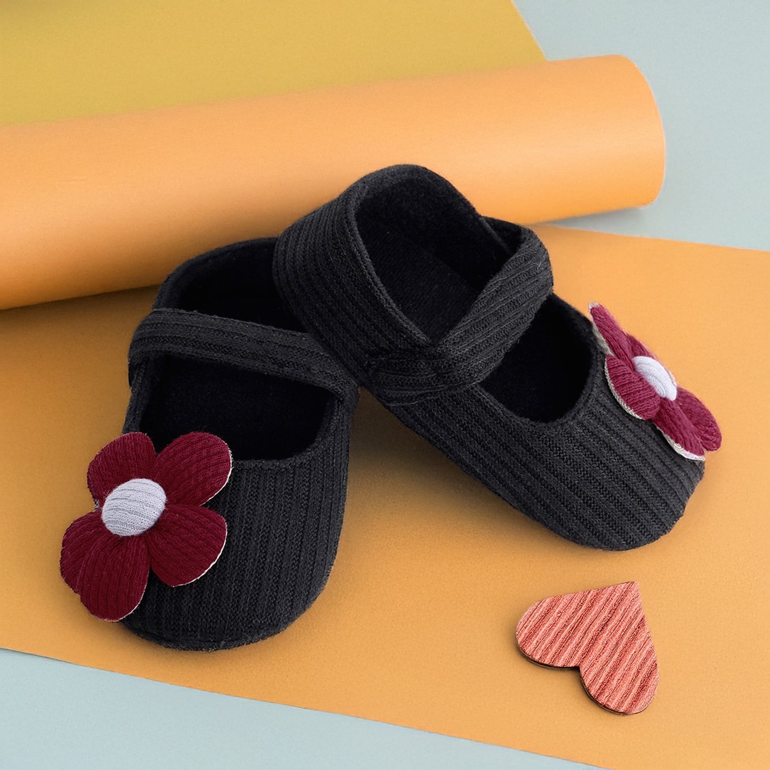Floral Applique Black And Red Booties