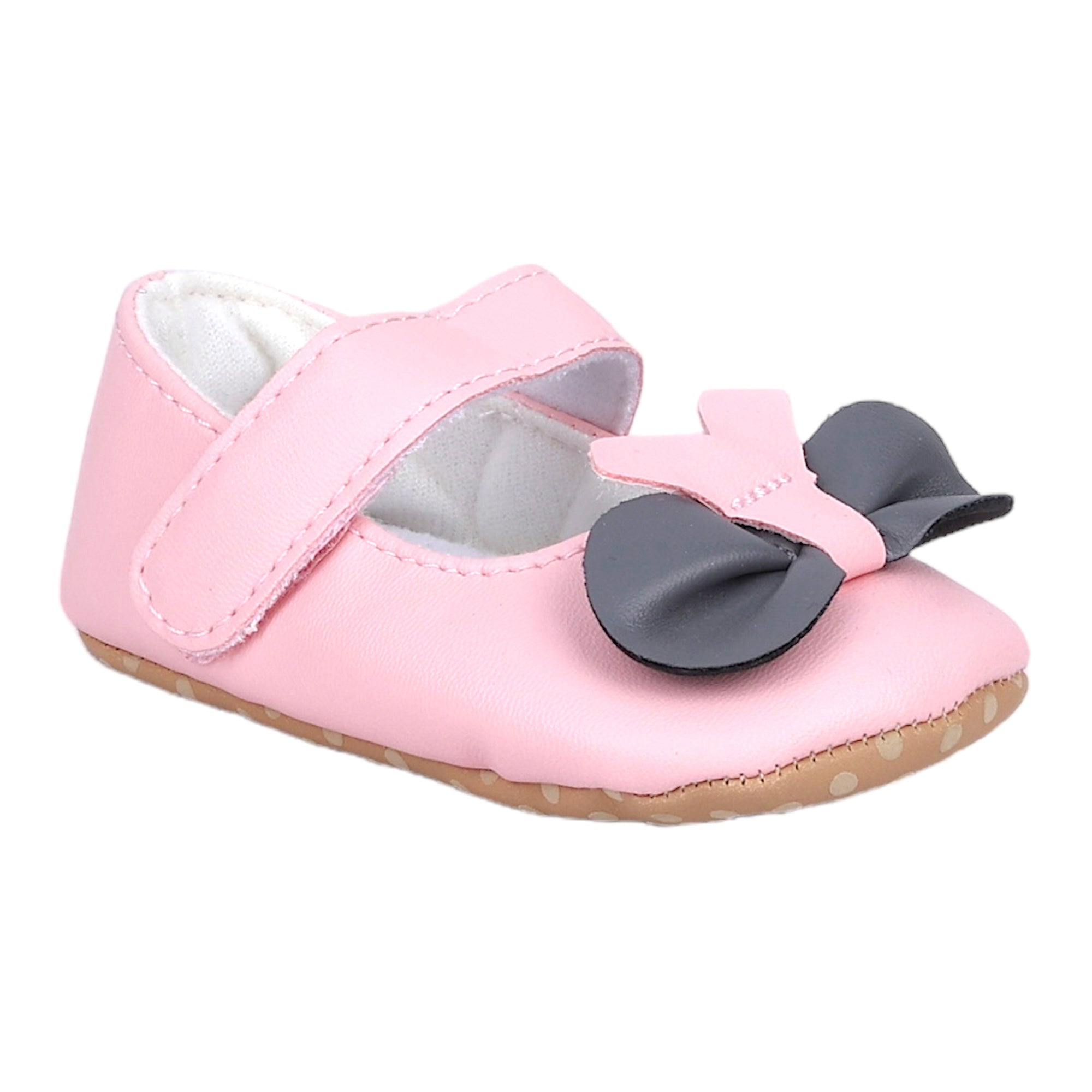 Baby Moo Vegan Leather Bow Velcro Strap Anti-Skid Ballerina Booties - Pink