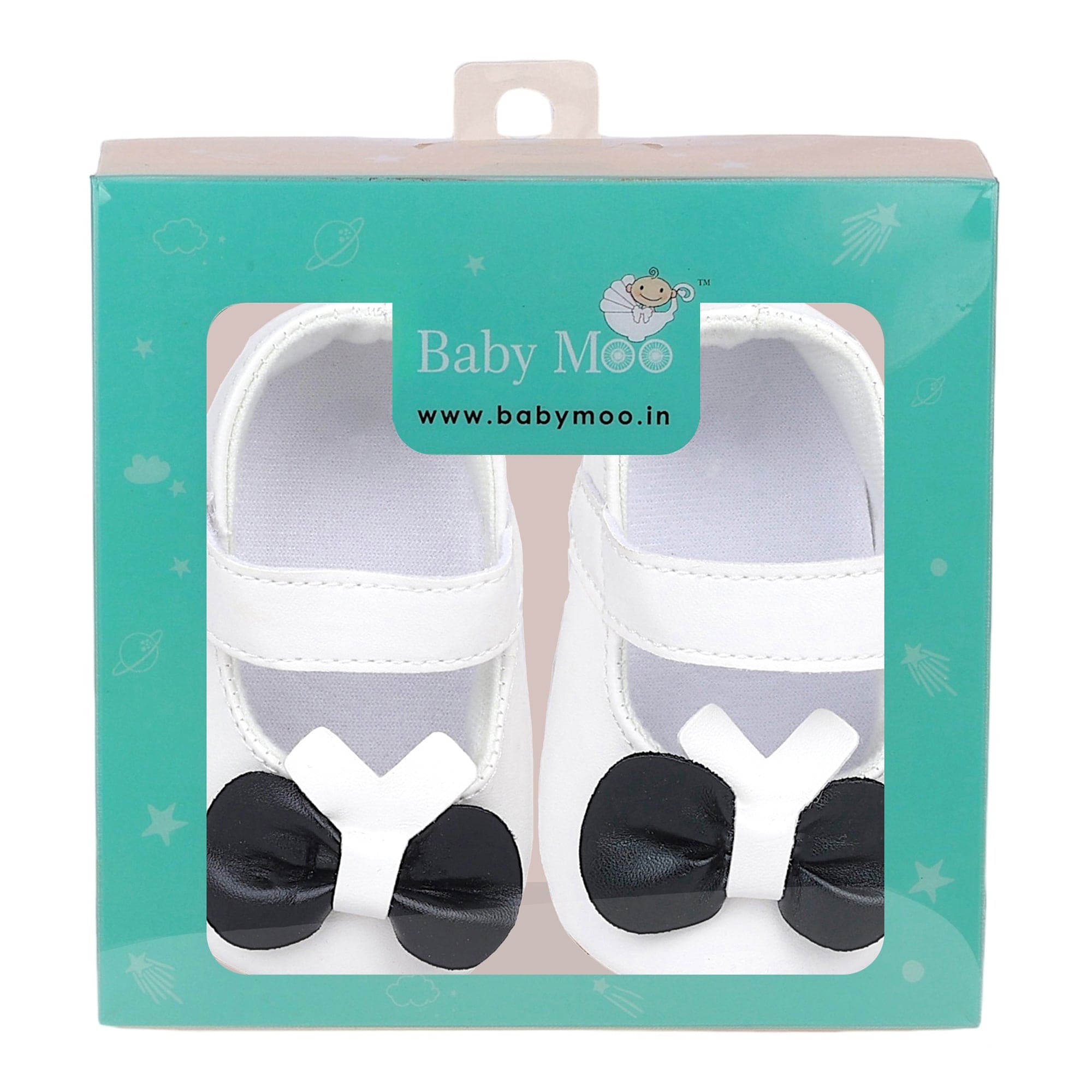 Baby Moo Vegan Leather Bow Velcro Strap Anti-Skid Ballerina Booties - White