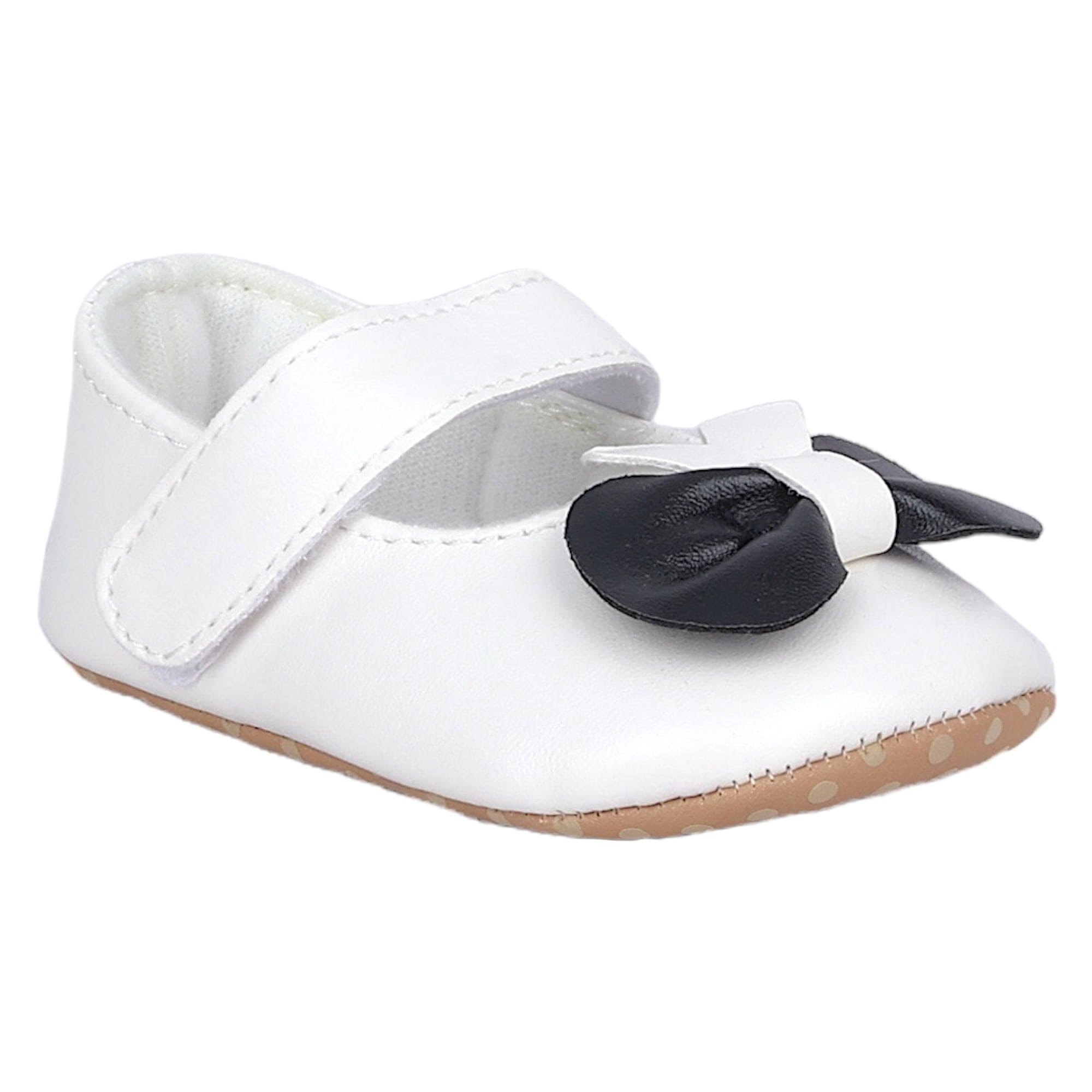 Baby Moo Vegan Leather Bow Velcro Strap Anti-Skid Ballerina Booties - White