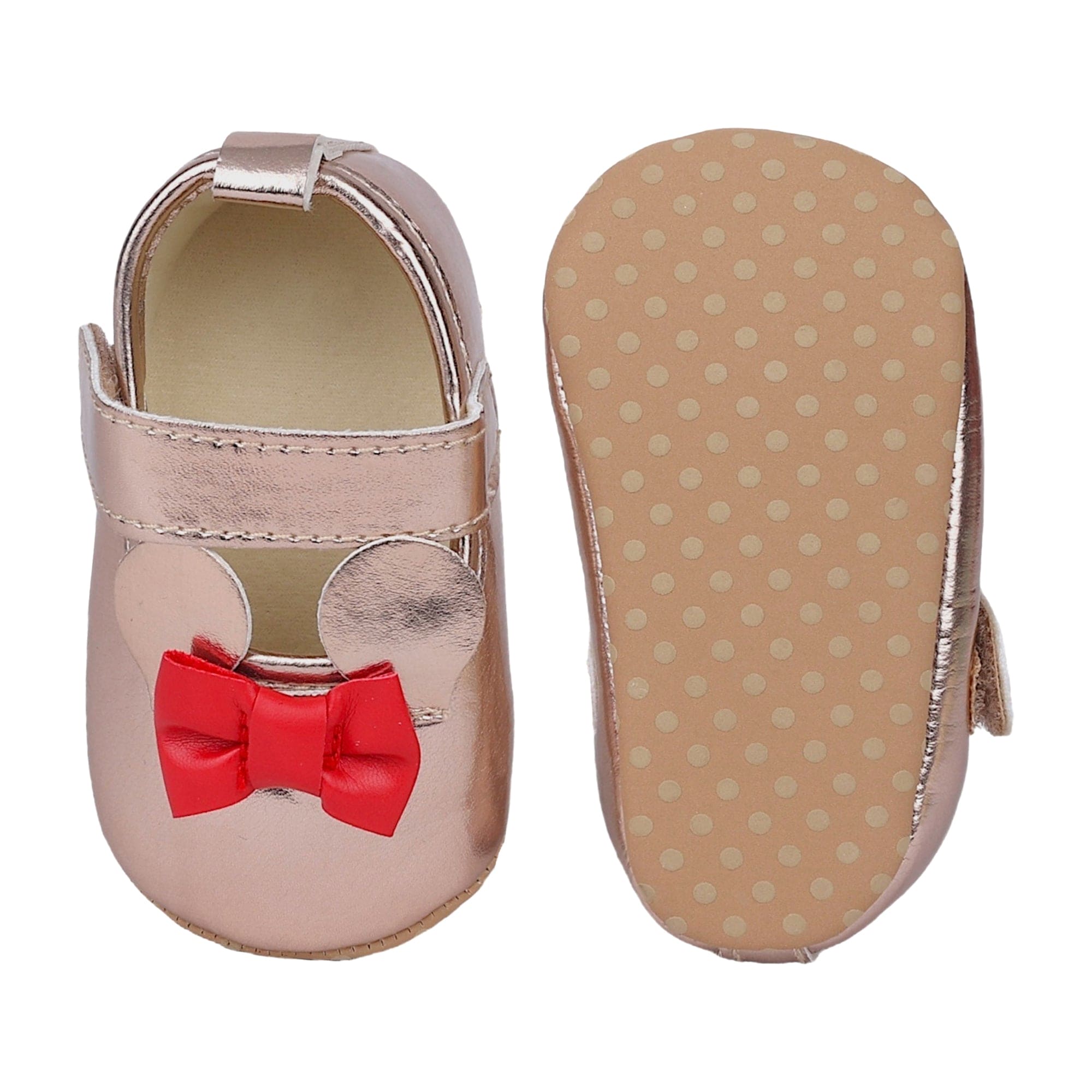 Baby Moo Mini Mouse Bow Velcro Strap Anti-Skid Ballerina Booties - Gold, Metallic