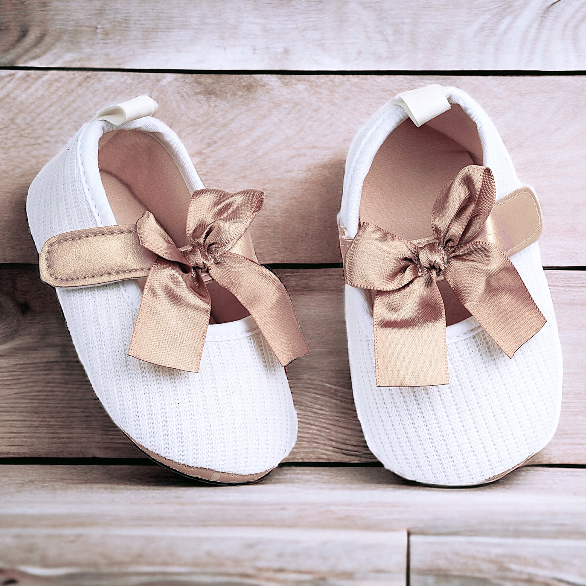 Baby Moo Bow Knot Velcro Strap Ribbed Anti-Skid Ballerina Booties Wh