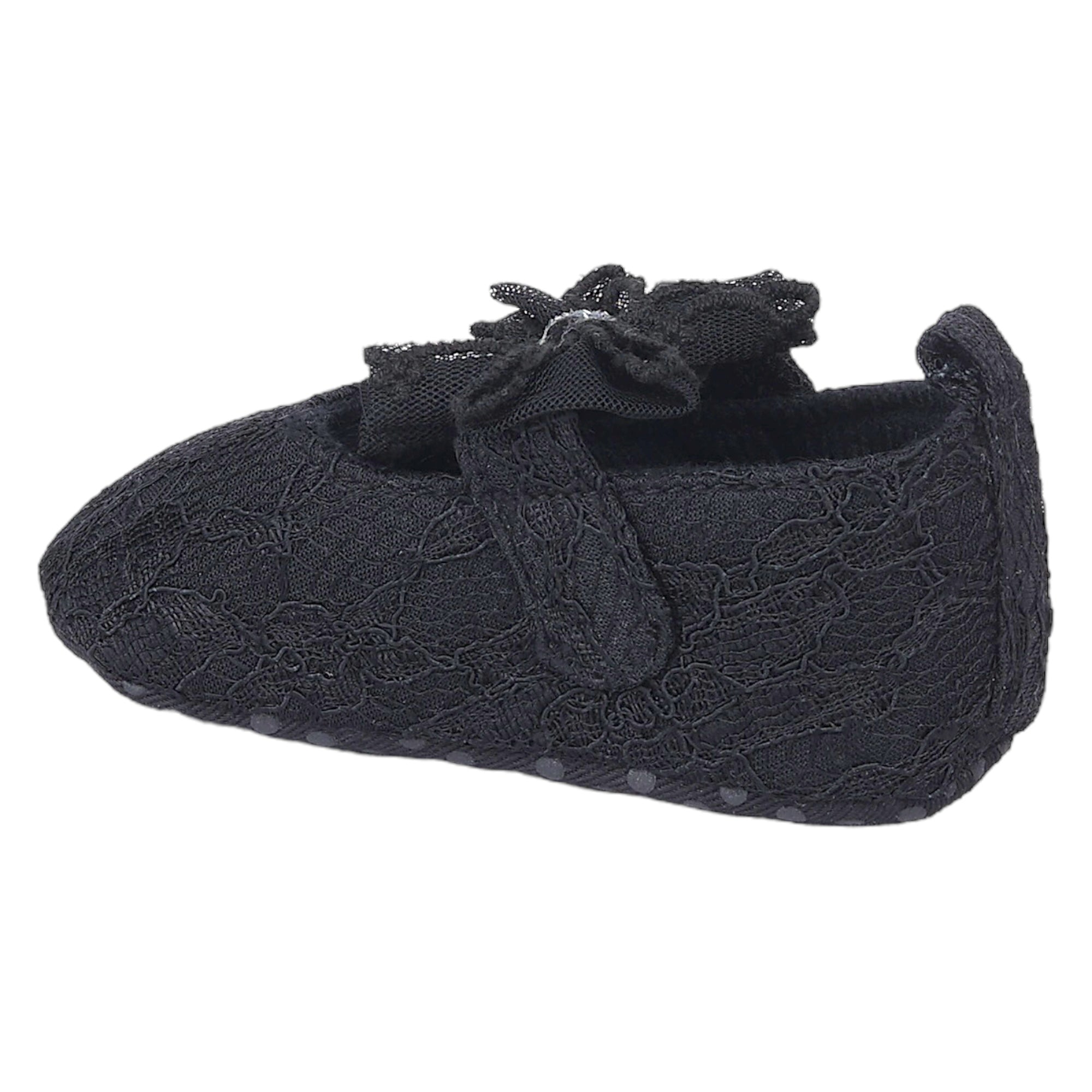 Baby Moo Lace Glitter Bow Velcro Strap Anti-Skid Ballerina Booties - Black