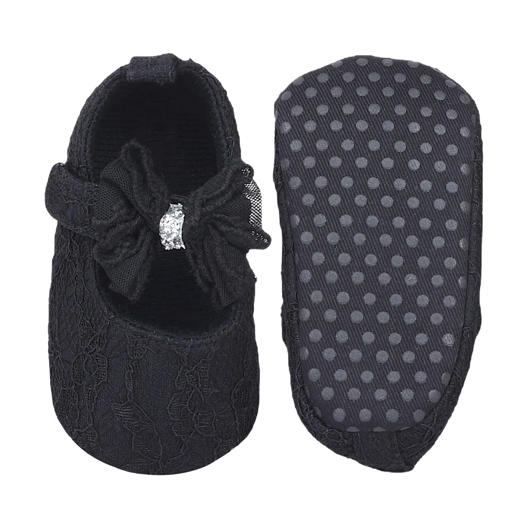 Baby Moo Lace Glitter Bow Velcro Strap Anti-Skid Ballerina Booties - Black