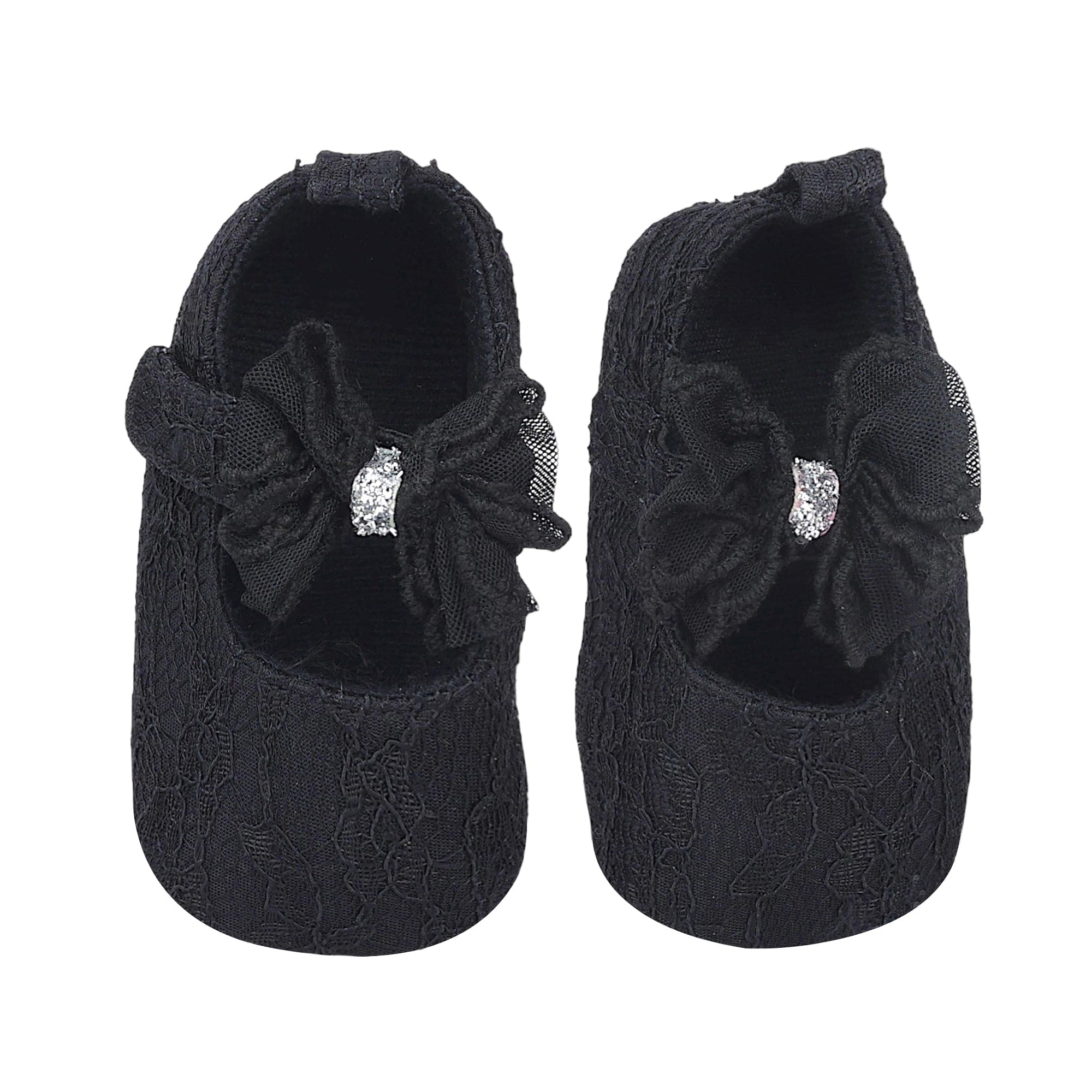 Baby Moo Lace Glitter Bow Velcro Strap Anti-Skid Ballerina Booties - Black