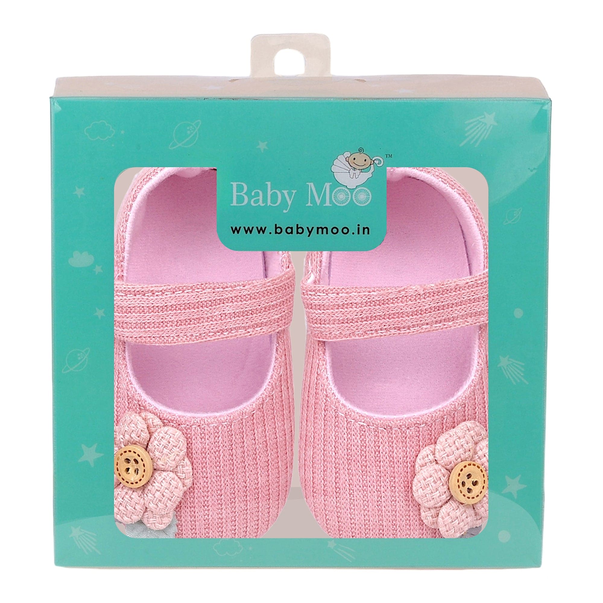 Baby Moo 3D Flower Button Velcro Strap Anti-Skid Ballerina Booties - Pink