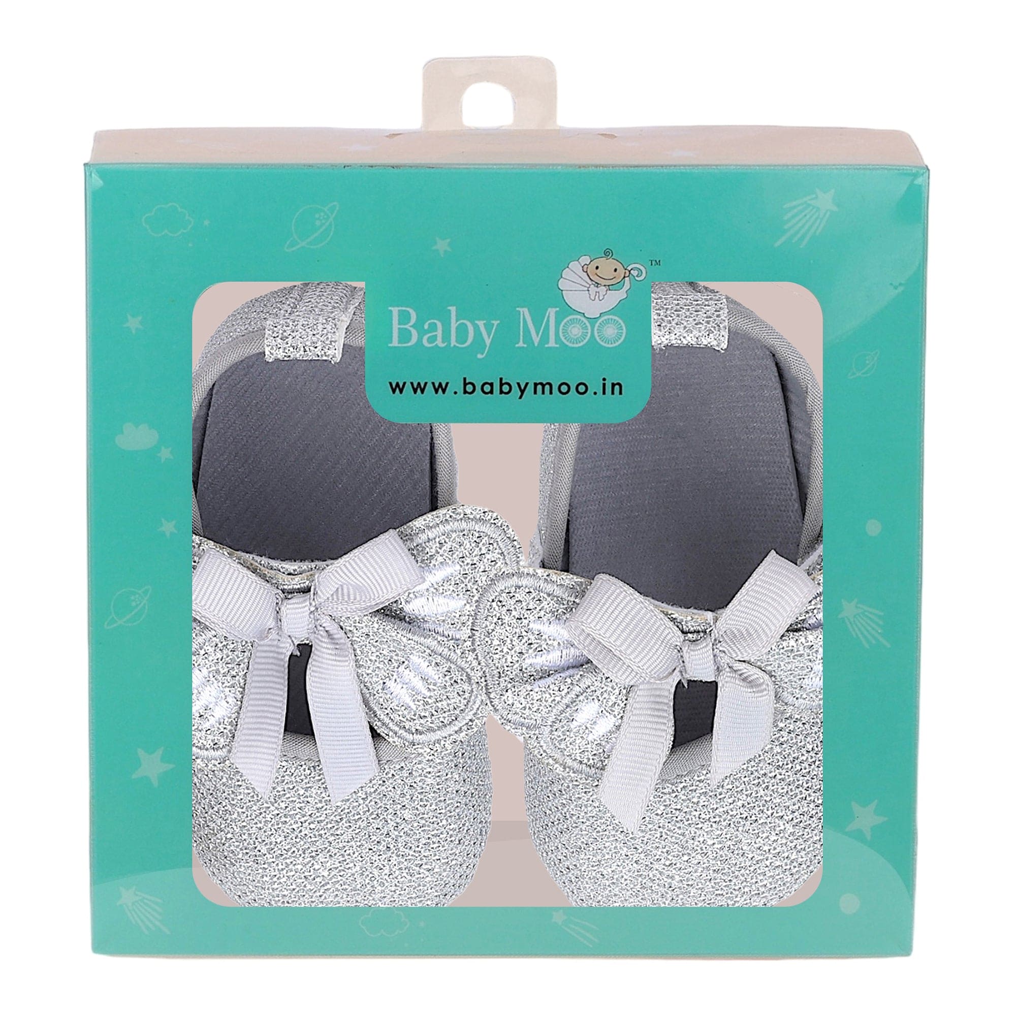 Baby Moo Butterfly Bow Shiny Party Anti-Skid Ballerina Booties - Silver