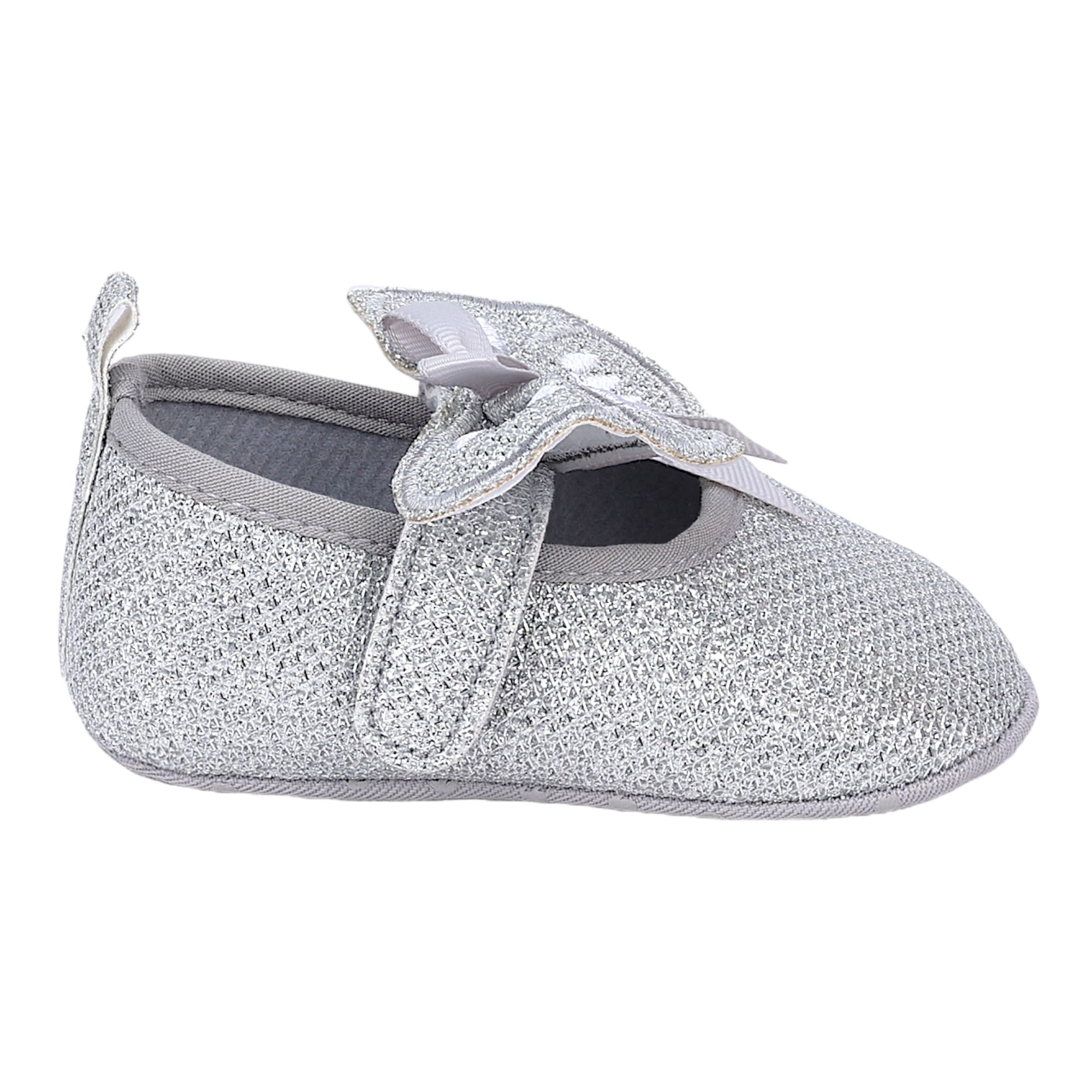 Baby Moo Butterfly Bow Shiny Party Anti-Skid Ballerina Booties - Silver