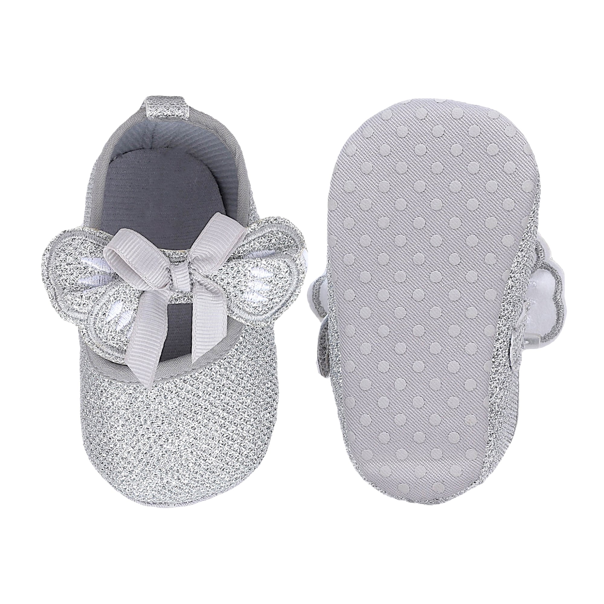 Baby Moo Butterfly Bow Shiny Party Anti-Skid Ballerina Booties - Silver