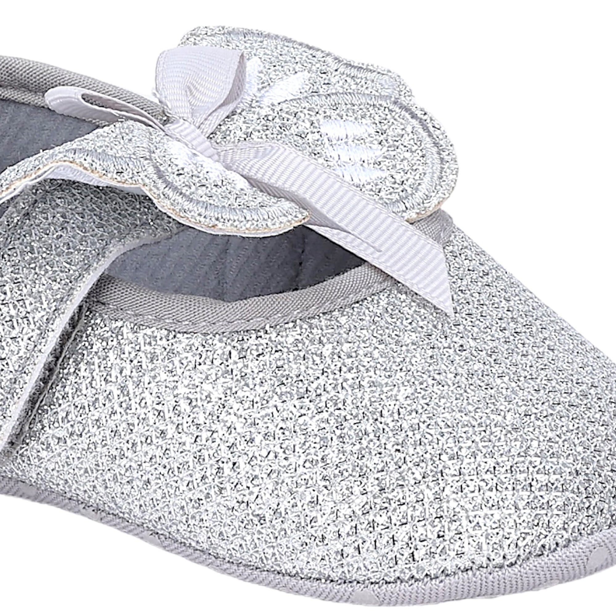Baby Moo Butterfly Bow Shiny Party Anti-Skid Ballerina Booties - Silver