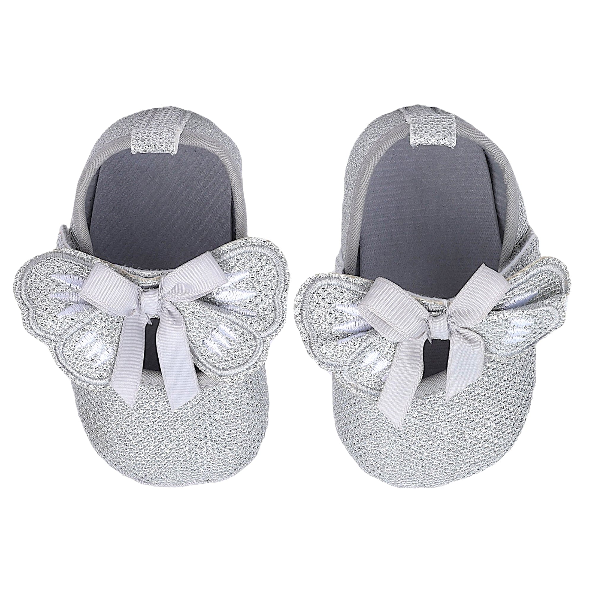 Baby Moo Butterfly Bow Shiny Party Anti-Skid Ballerina Booties - Silver