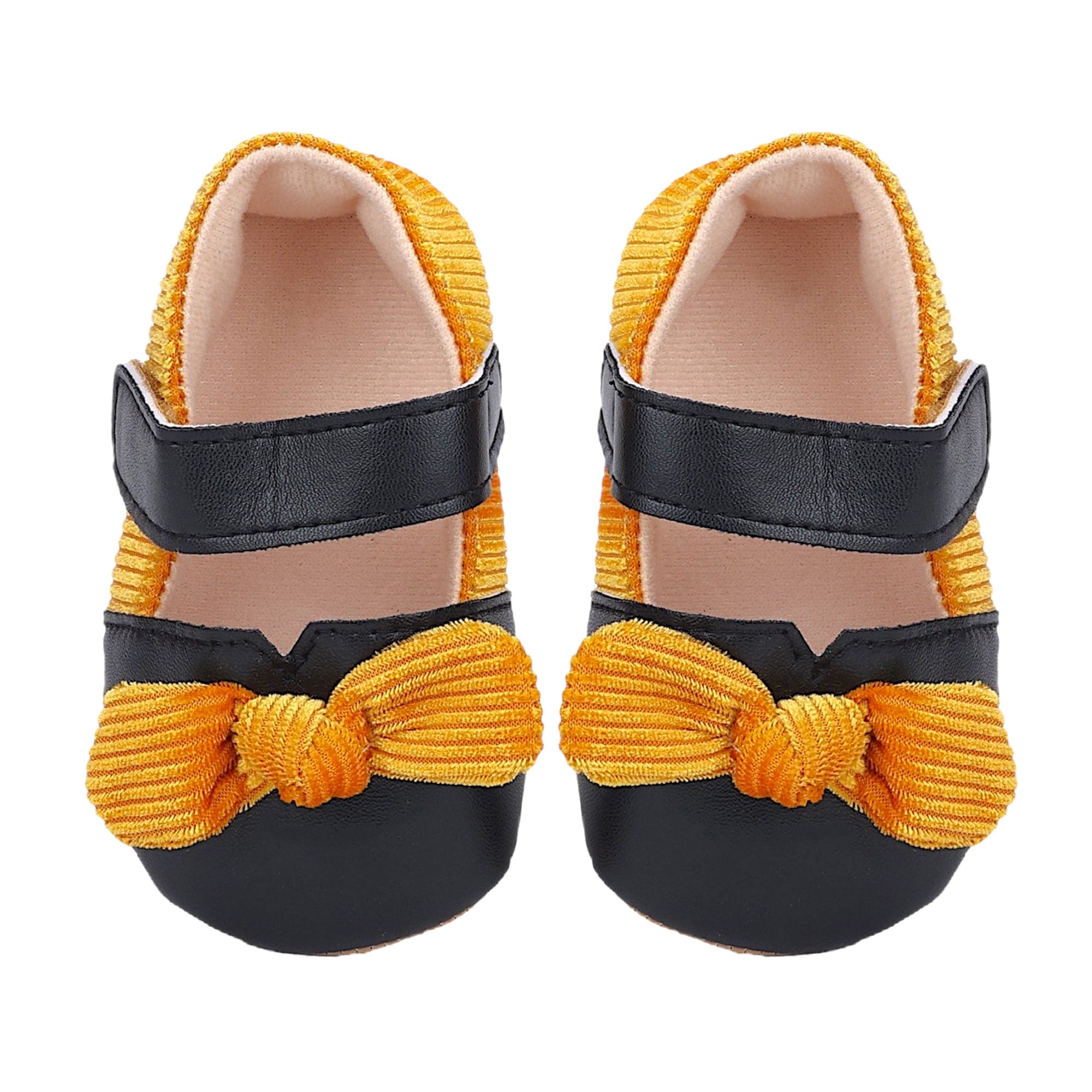 Baby Moo Corduroy Bow Knot Velcro Strap Anti-Skid Ballerina Booties - Black