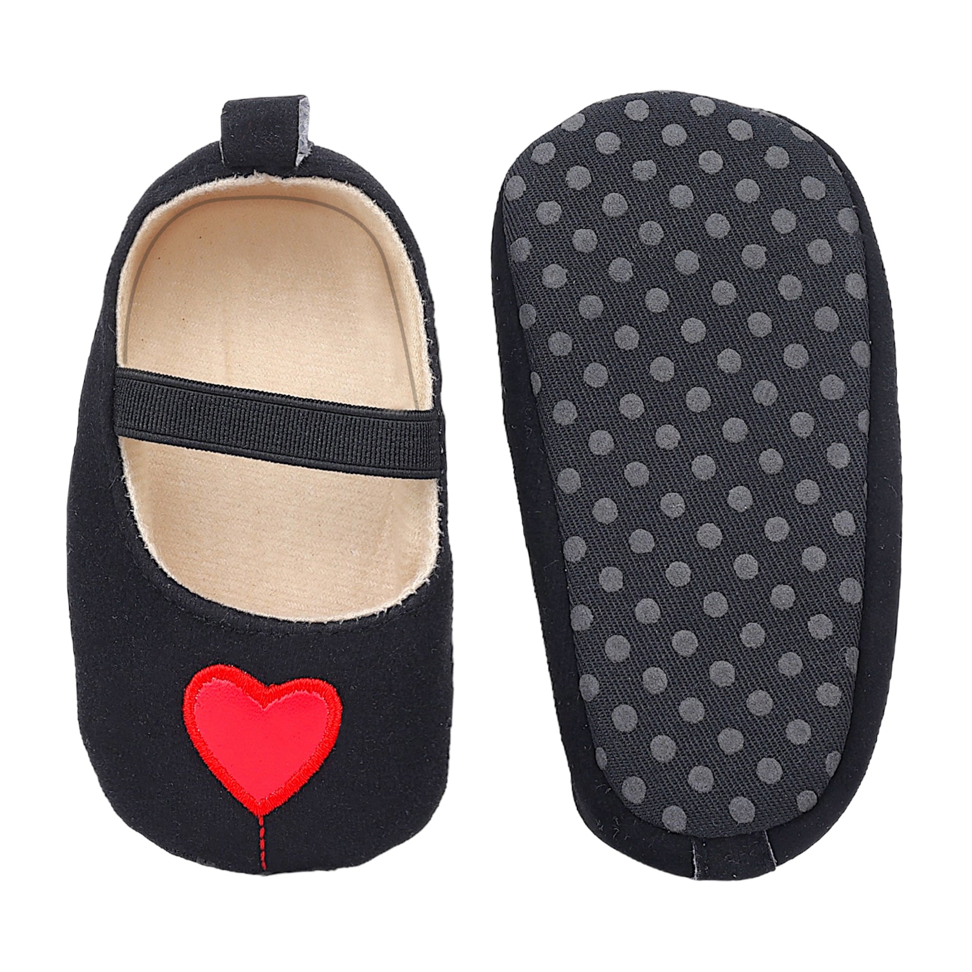 Baby Moo Queen Of Hearts Anti-Skid Elastic Strap Ballerina Booties - Black, Red