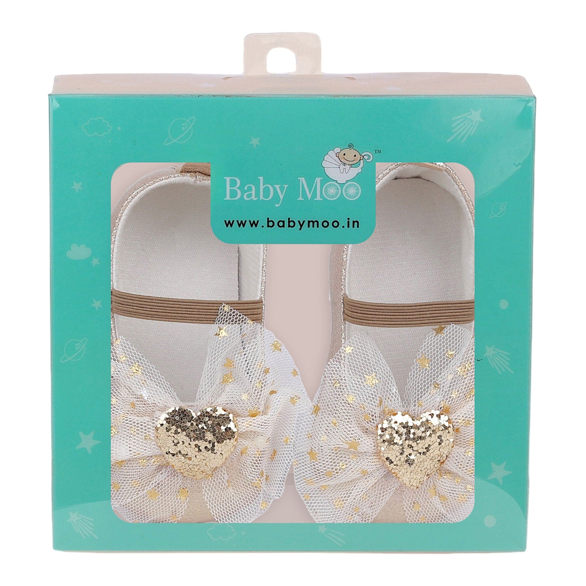 Baby Moo Embellished Bow Glittery Heart Anti-Skid Ballerina Booties - Gold